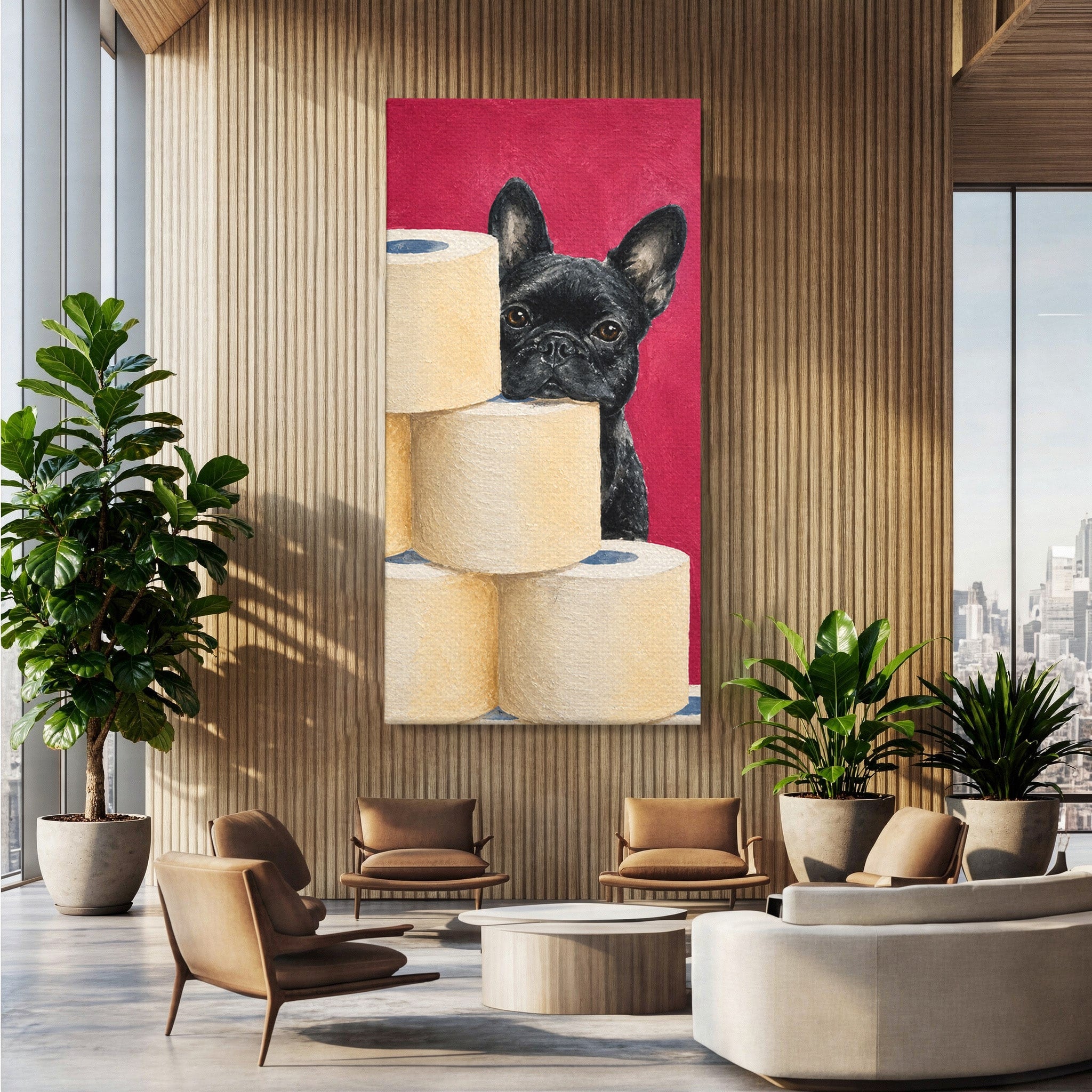 Tablou Canvas Premium LuxCanva® M1585, Bulldog Francez Jucaus, Bulldog, Toaleta, Amuzant, Living, Caine, Arta, Dormitor, Culori Vibrante