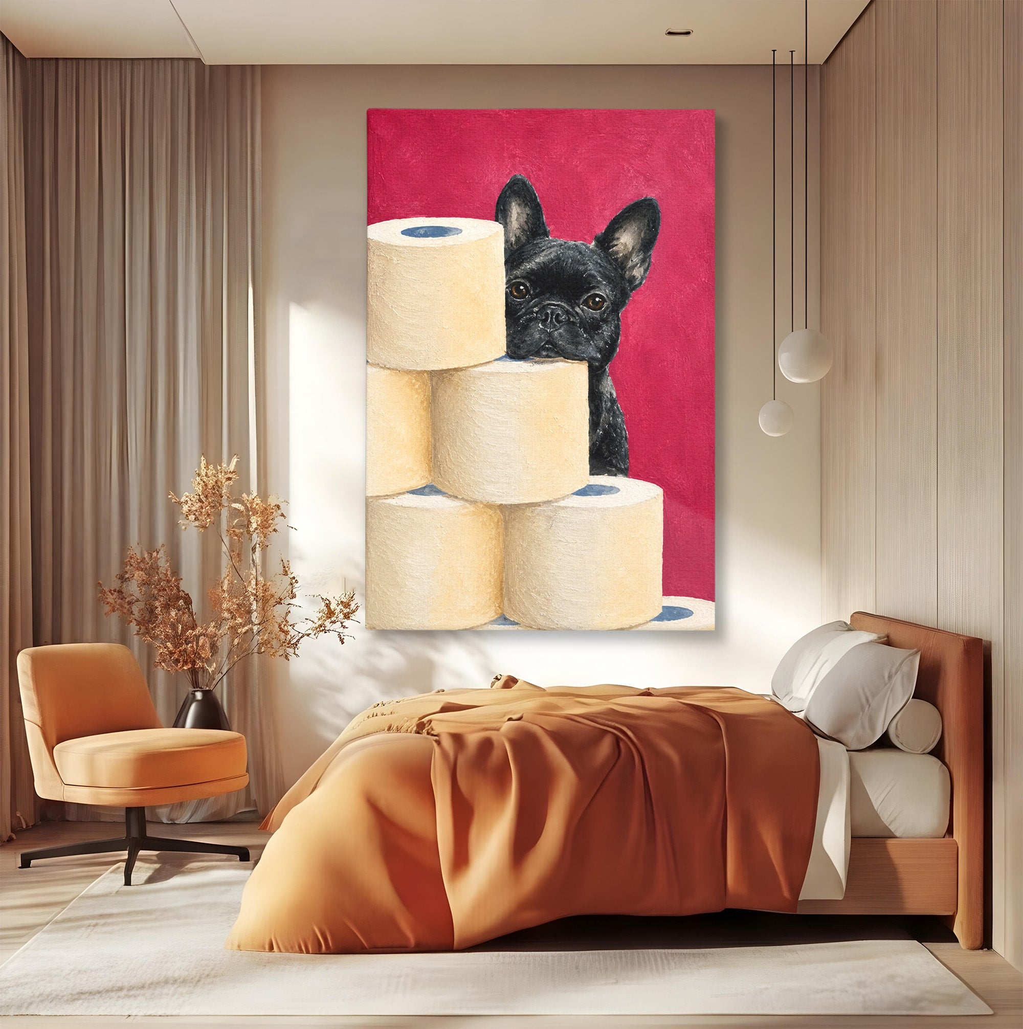 Tablou Canvas Premium LuxCanva® M1585, Bulldog Francez Jucaus, Bulldog, Toaleta, Amuzant, Living, Caine, Arta, Dormitor, Culori Vibrante
