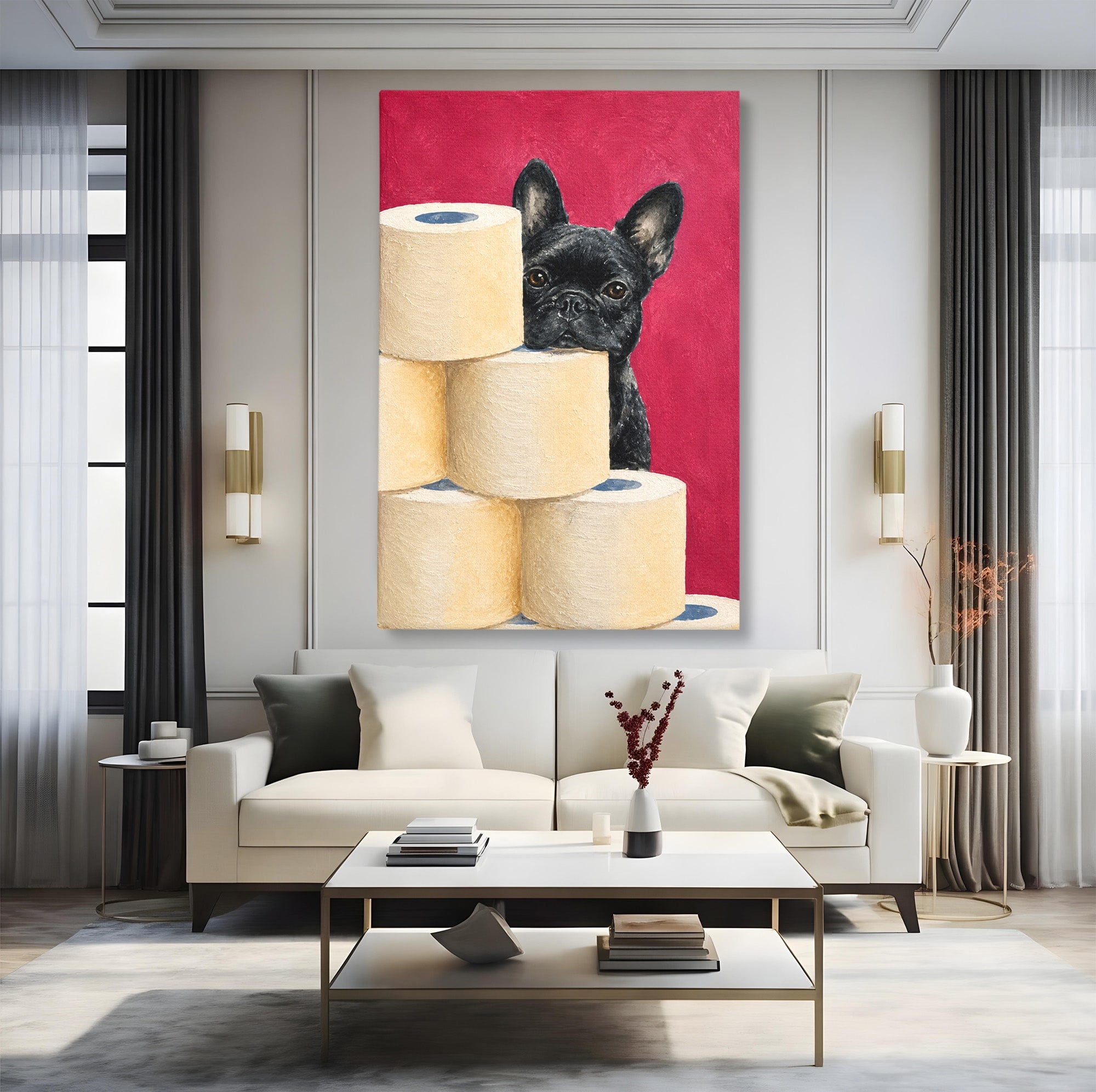 Tablou Canvas Premium LuxCanva® M1585, Bulldog Francez Jucaus, Bulldog, Toaleta, Amuzant, Living, Caine, Arta, Dormitor, Culori Vibrante