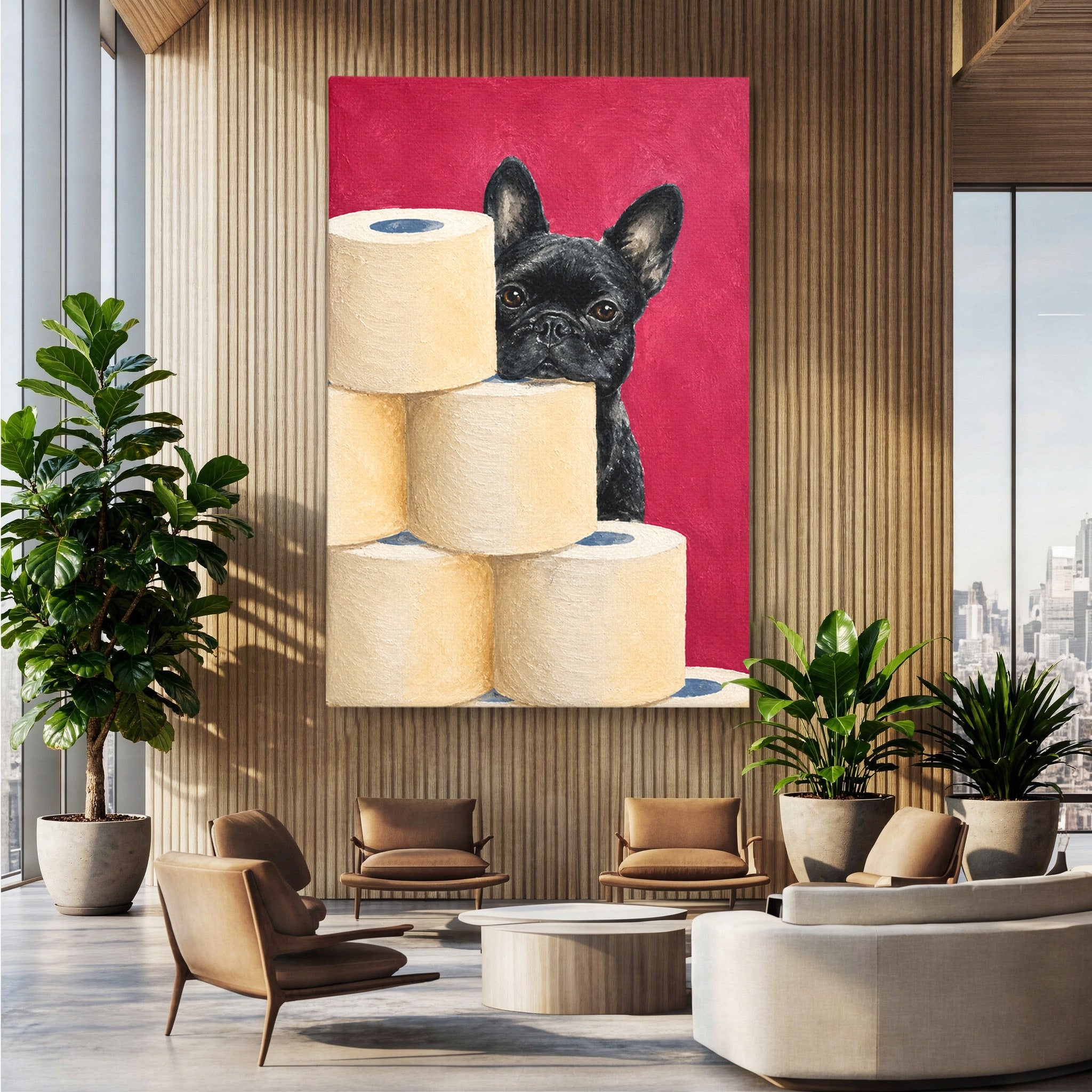 Tablou Canvas Premium LuxCanva® M1585, Bulldog Francez Jucaus, Bulldog, Toaleta, Amuzant, Living, Caine, Arta, Dormitor, Culori Vibrante