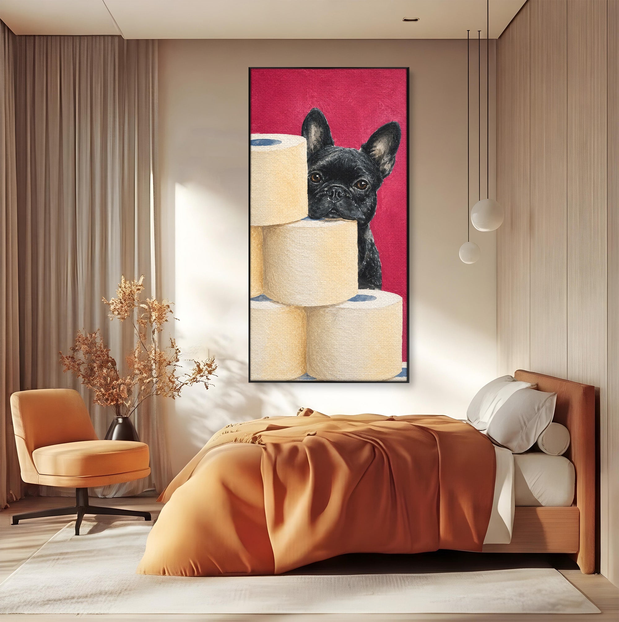 Tablou Canvas Premium LuxCanva® M1585, Bulldog Francez Jucaus, Bulldog, Toaleta, Amuzant, Living, Caine, Arta, Dormitor, Culori Vibrante