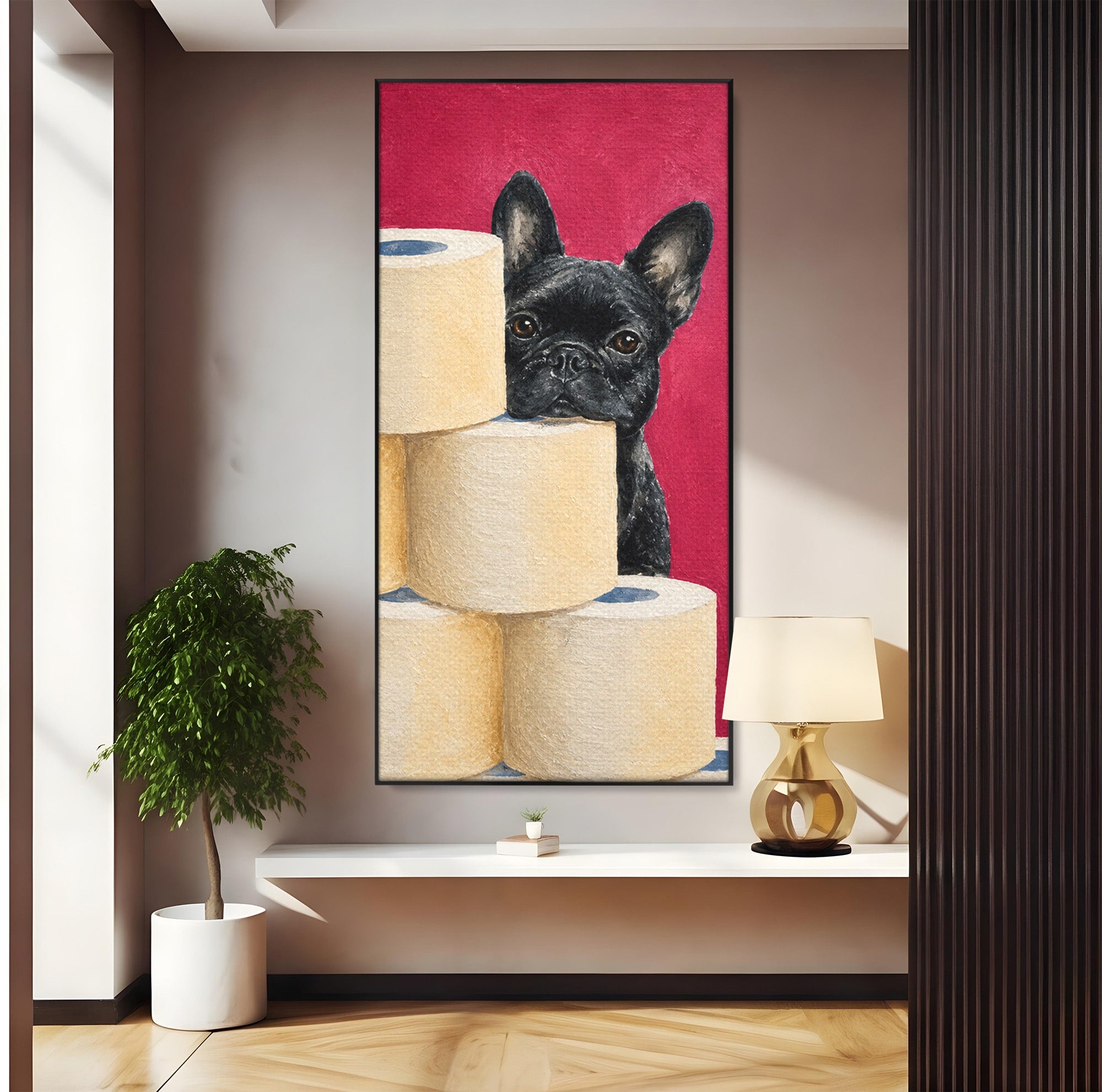 Tablou Canvas Premium LuxCanva® M1585, Bulldog Francez Jucaus, Bulldog, Toaleta, Amuzant, Living, Caine, Arta, Dormitor, Culori Vibrante