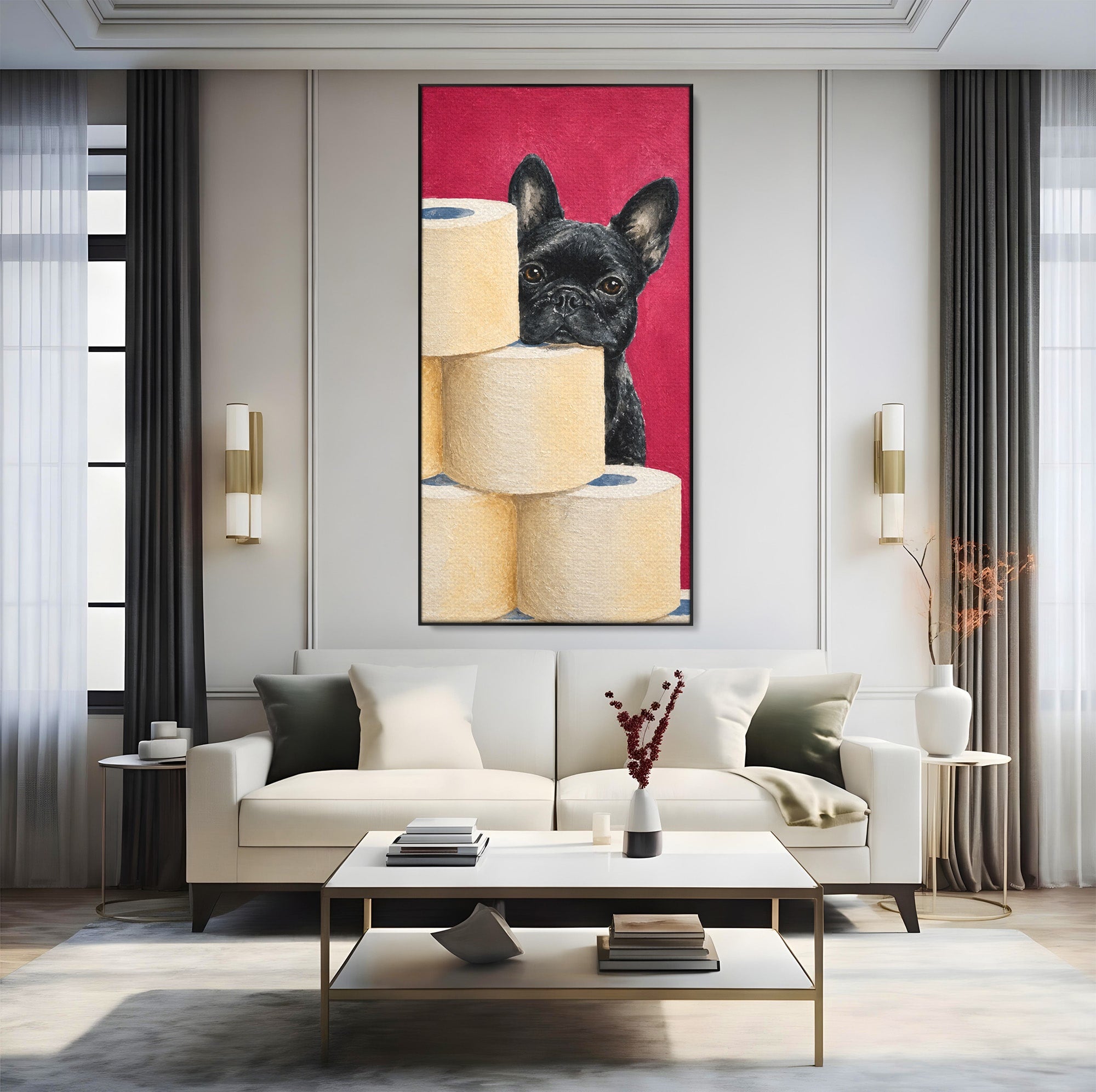 Tablou Canvas Premium LuxCanva® M1585, Bulldog Francez Jucaus, Bulldog, Toaleta, Amuzant, Living, Caine, Arta, Dormitor, Culori Vibrante