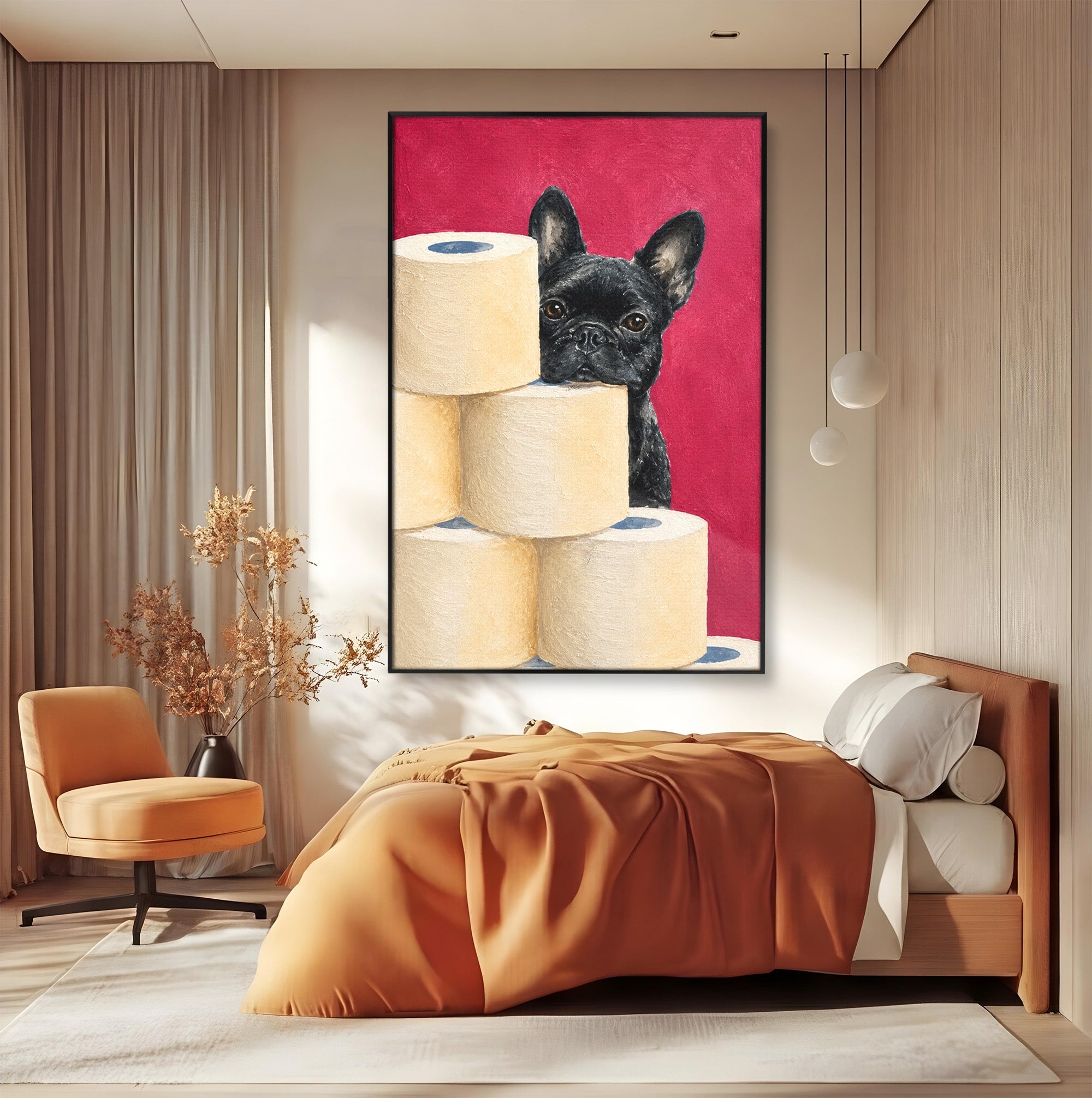 Tablou Canvas Premium LuxCanva® M1585, Bulldog Francez Jucaus, Bulldog, Toaleta, Amuzant, Living, Caine, Arta, Dormitor, Culori Vibrante