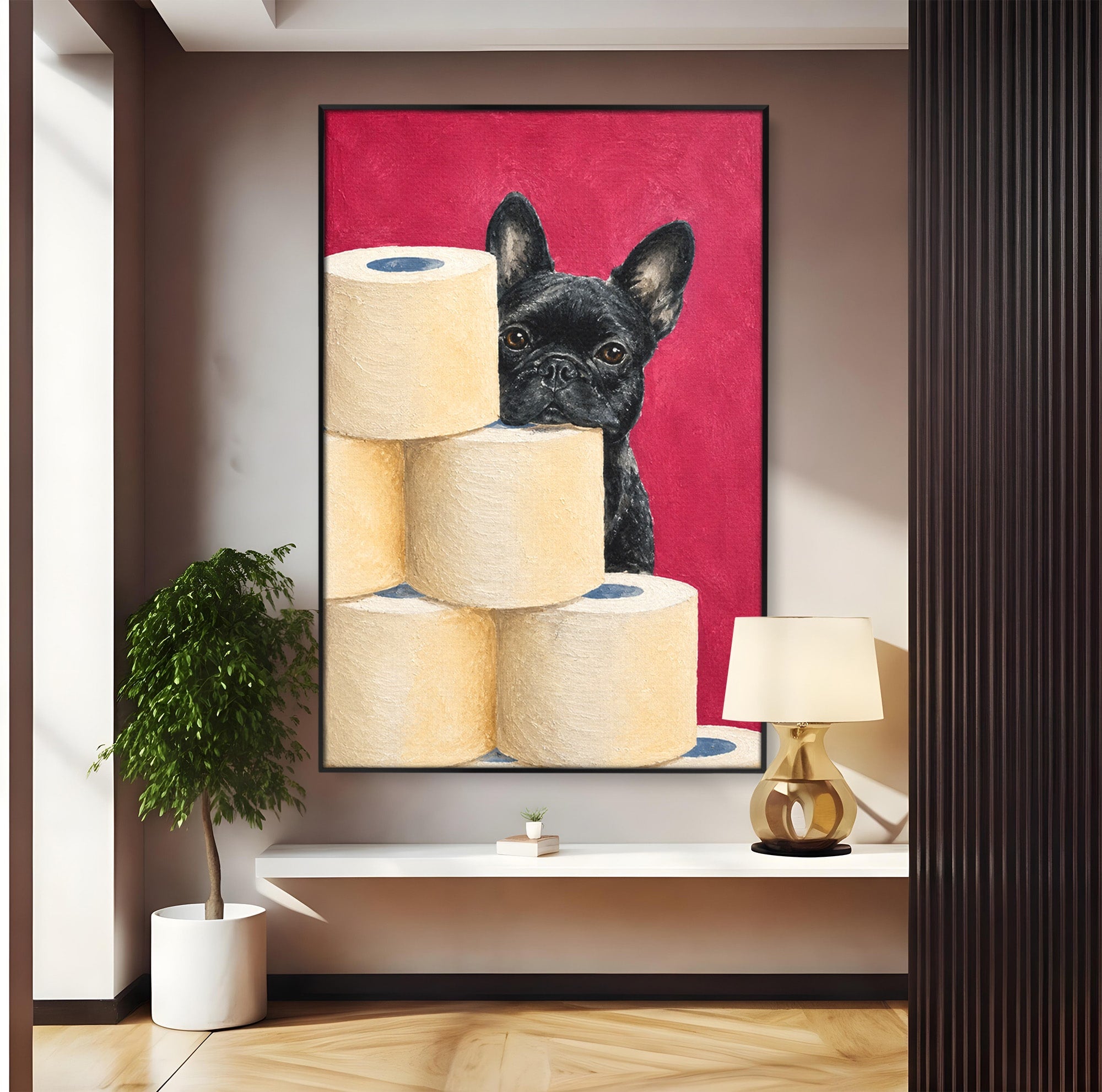 Tablou Canvas Premium LuxCanva® M1585, Bulldog Francez Jucaus, Bulldog, Toaleta, Amuzant, Living, Caine, Arta, Dormitor, Culori Vibrante