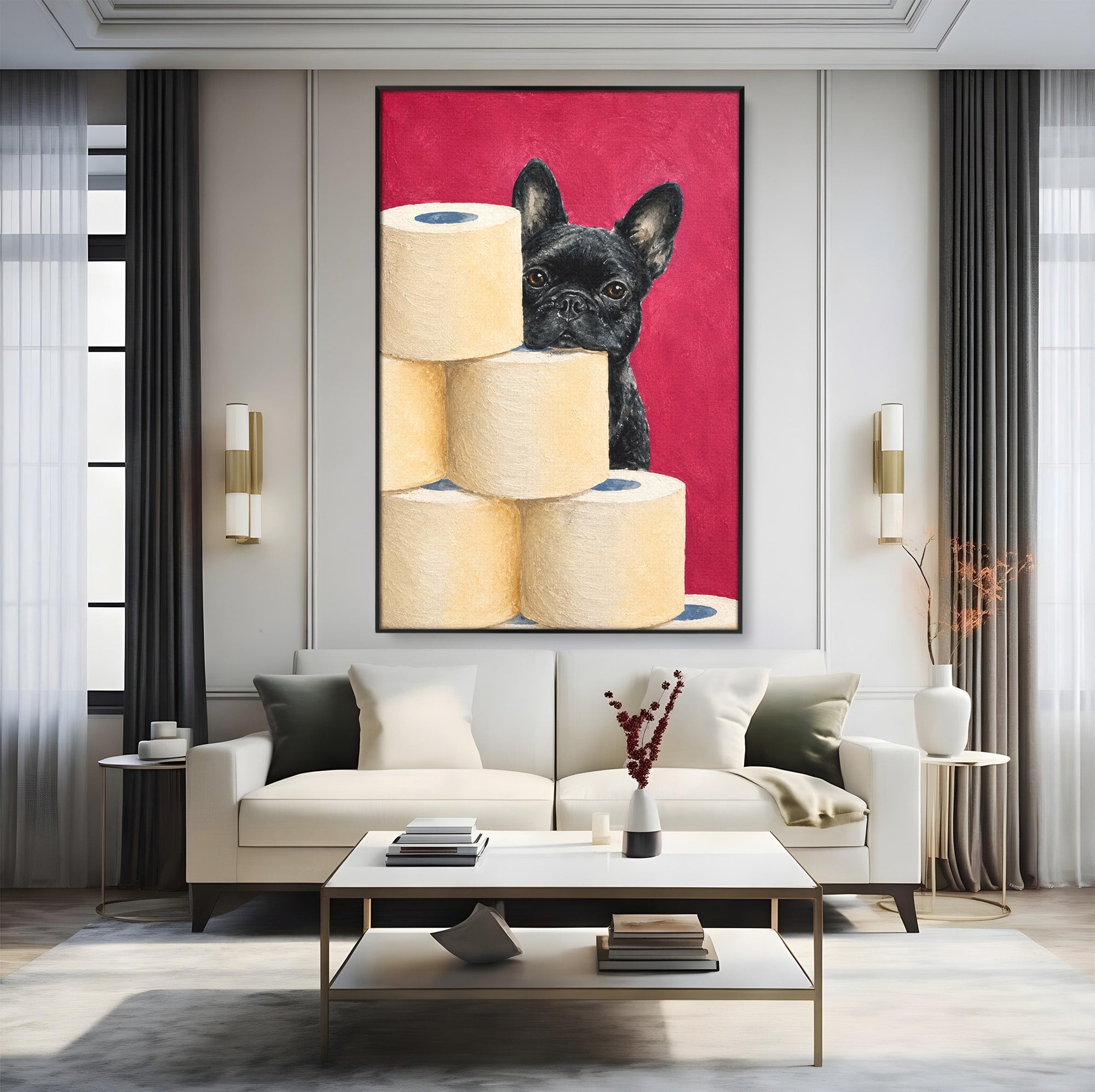 Tablou Canvas Premium LuxCanva® M1585, Bulldog Francez Jucaus, Bulldog, Toaleta, Amuzant, Living, Caine, Arta, Dormitor, Culori Vibrante