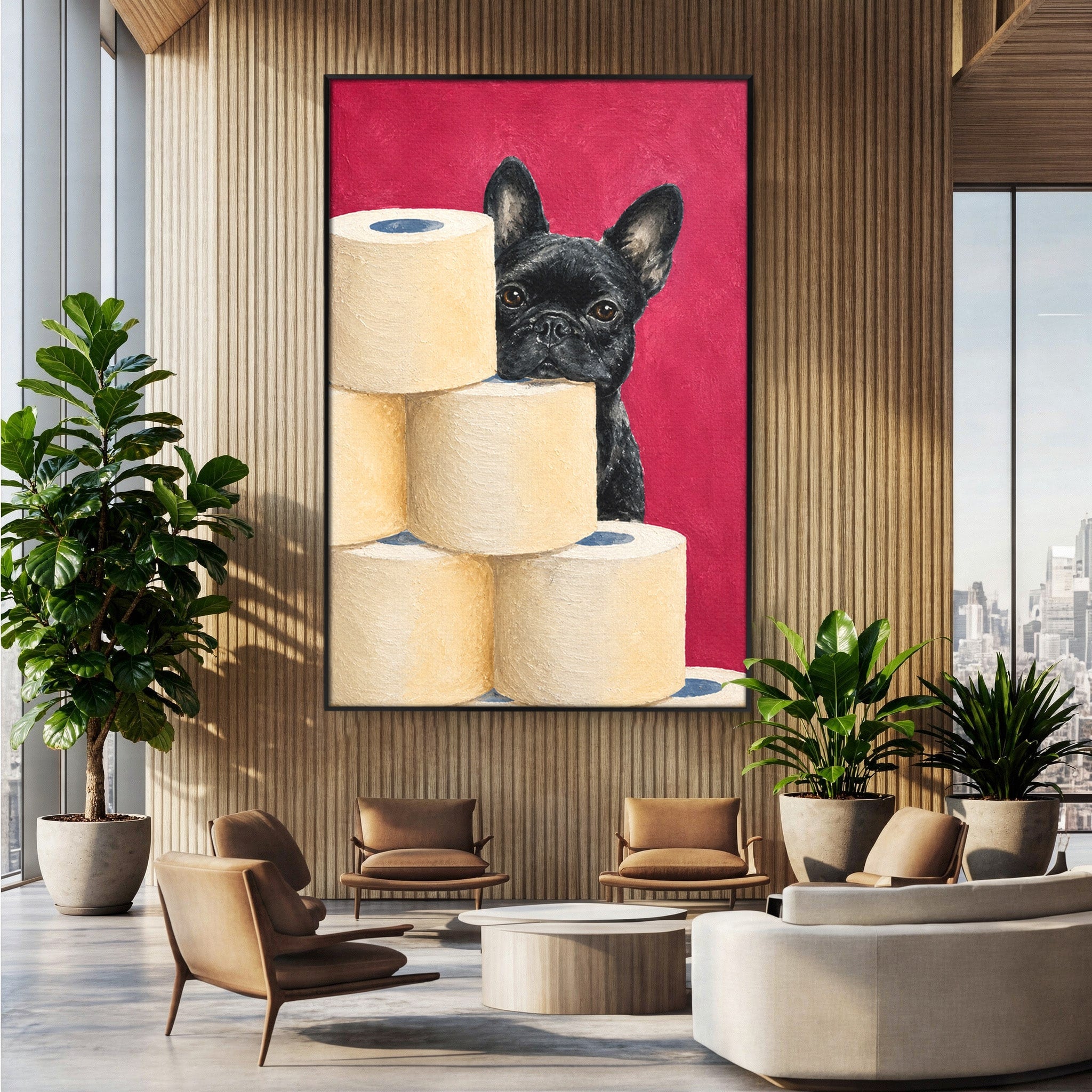 Tablou Canvas Premium LuxCanva® M1585, Bulldog Francez Jucaus, Bulldog, Toaleta, Amuzant, Living, Caine, Arta, Dormitor, Culori Vibrante