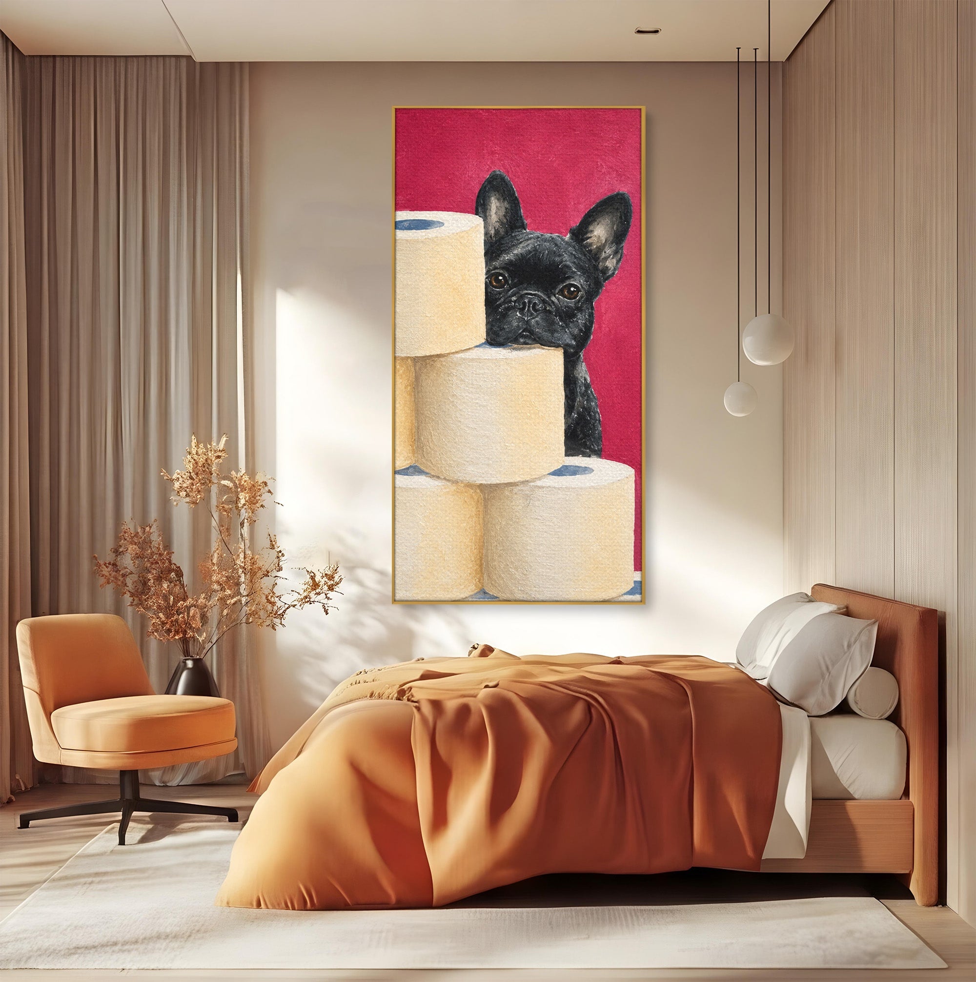 Tablou Canvas Premium LuxCanva® M1585, Bulldog Francez Jucaus, Bulldog, Toaleta, Amuzant, Living, Caine, Arta, Dormitor, Culori Vibrante
