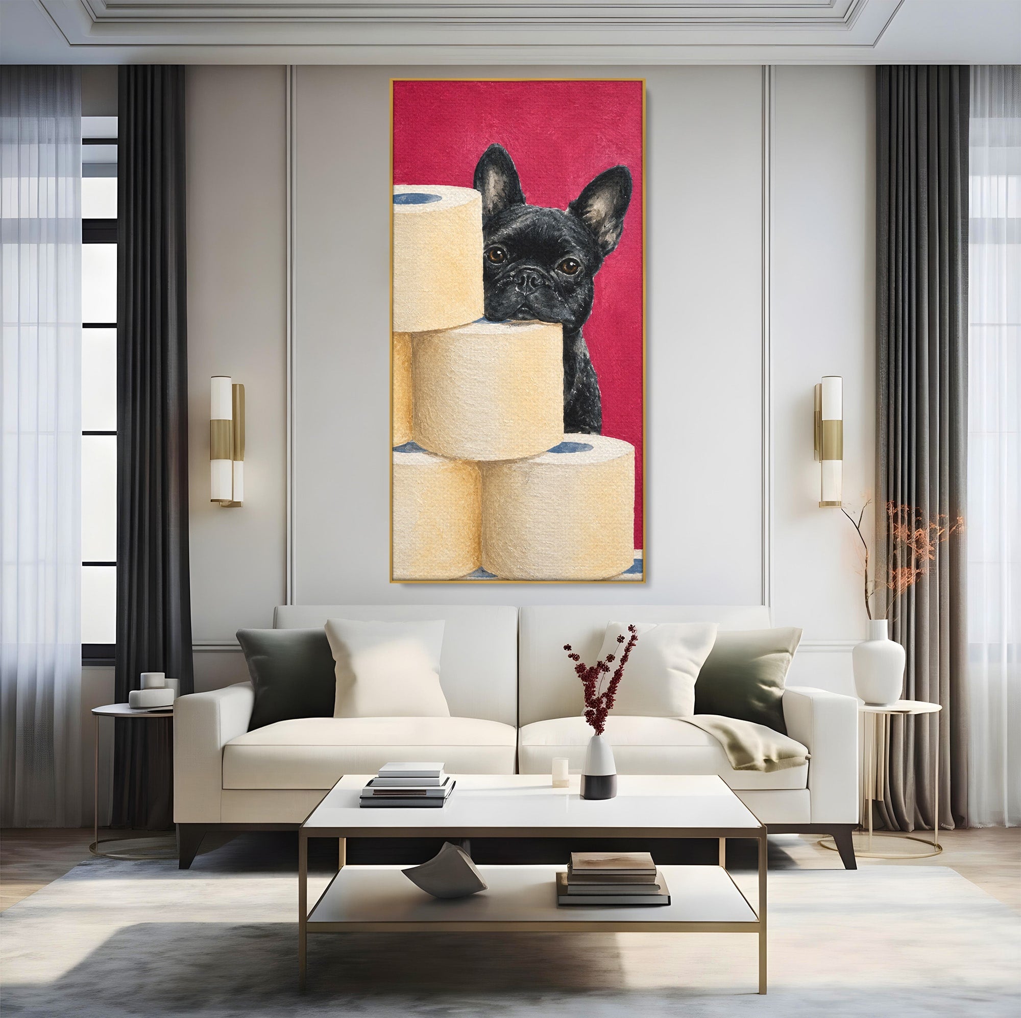 Tablou Canvas Premium LuxCanva® M1585, Bulldog Francez Jucaus, Bulldog, Toaleta, Amuzant, Living, Caine, Arta, Dormitor, Culori Vibrante