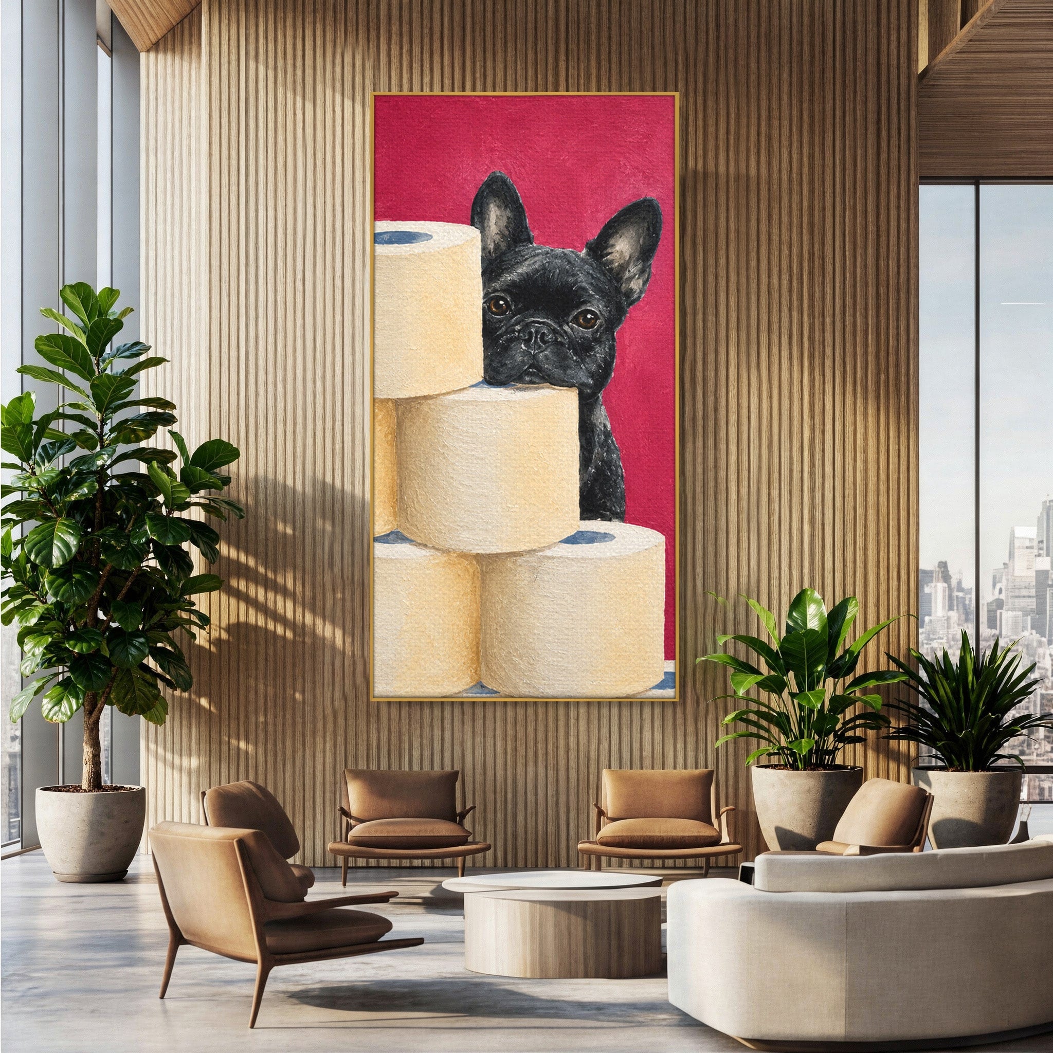 Tablou Canvas Premium LuxCanva® M1585, Bulldog Francez Jucaus, Bulldog, Toaleta, Amuzant, Living, Caine, Arta, Dormitor, Culori Vibrante