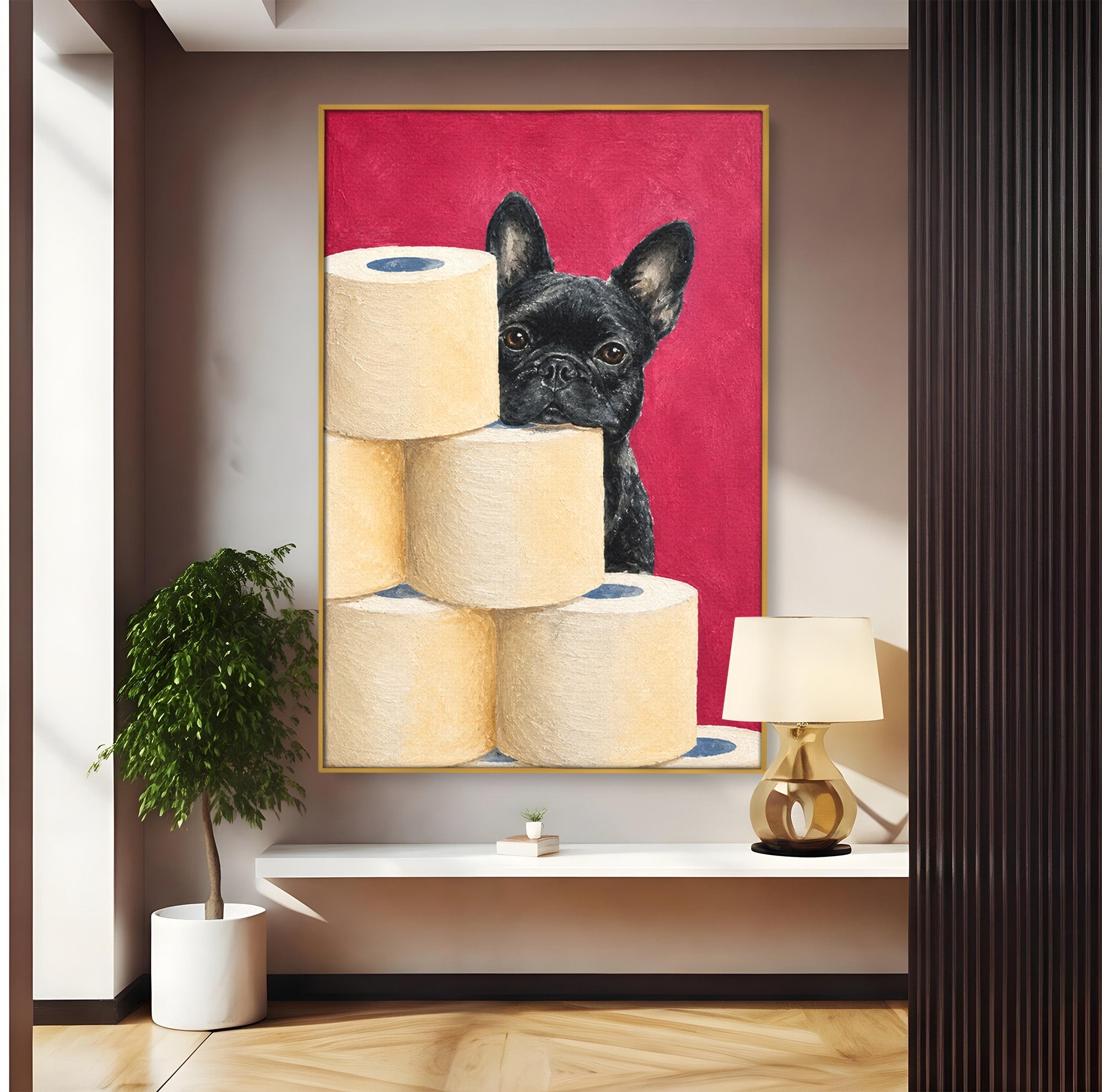 Tablou Canvas Premium LuxCanva® M1585, Bulldog Francez Jucaus, Bulldog, Toaleta, Amuzant, Living, Caine, Arta, Dormitor, Culori Vibrante