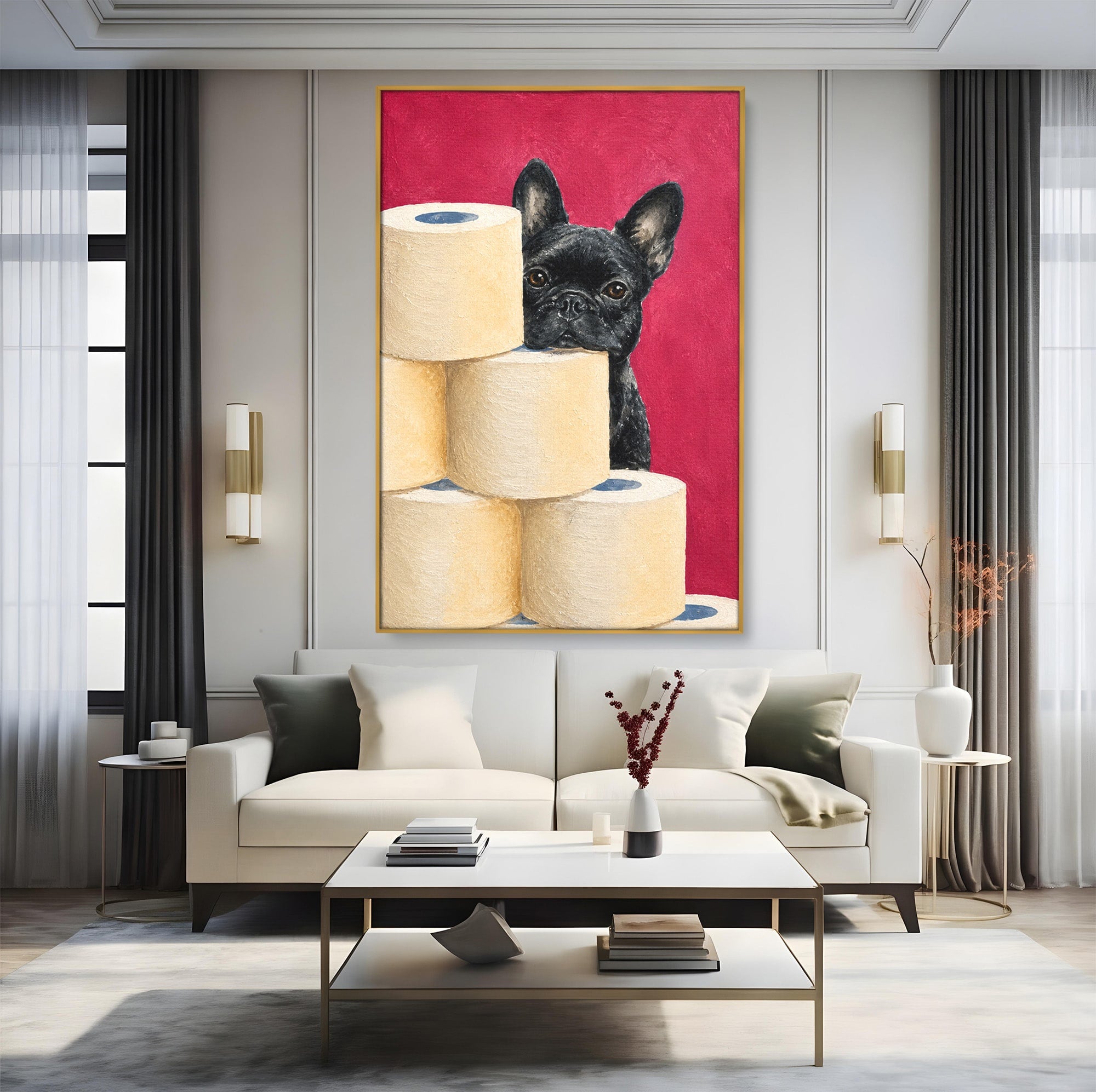 Tablou Canvas Premium LuxCanva® M1585, Bulldog Francez Jucaus, Bulldog, Toaleta, Amuzant, Living, Caine, Arta, Dormitor, Culori Vibrante