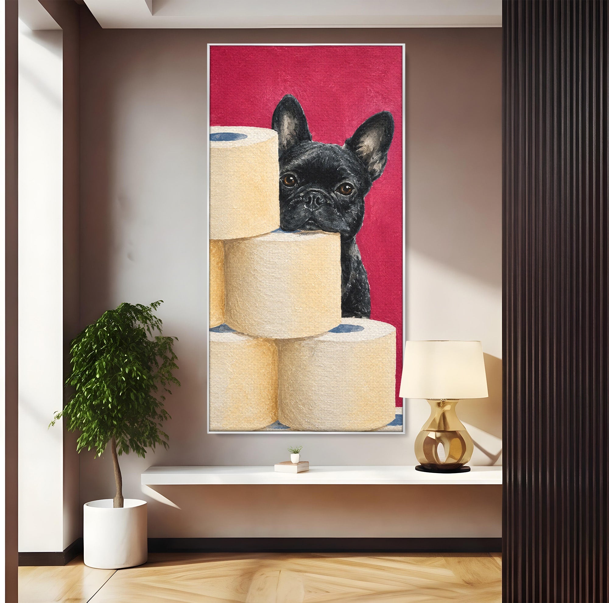 Tablou Canvas Premium LuxCanva® M1585, Bulldog Francez Jucaus, Bulldog, Toaleta, Amuzant, Living, Caine, Arta, Dormitor, Culori Vibrante