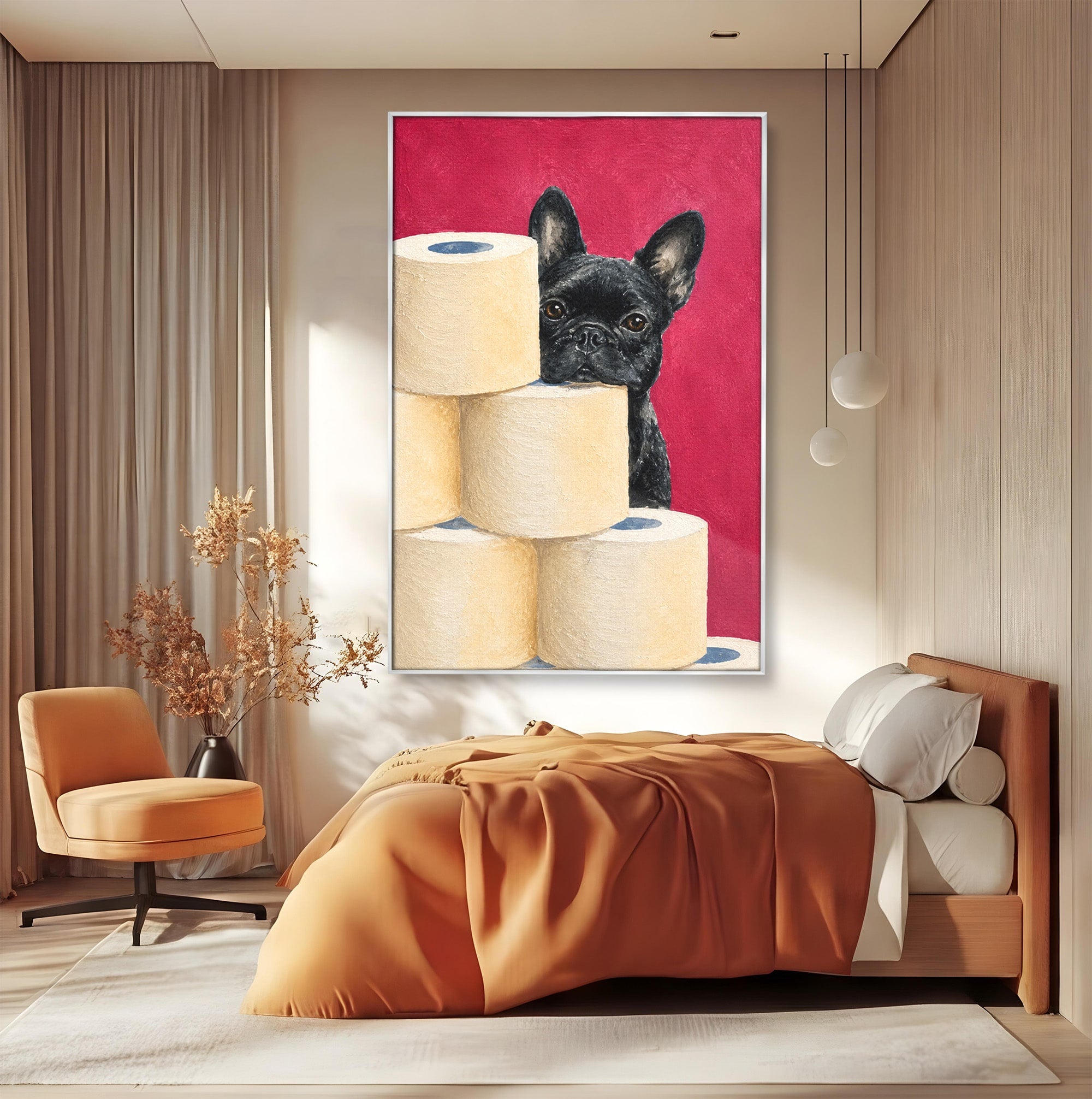 Tablou Canvas Premium LuxCanva® M1585, Bulldog Francez Jucaus, Bulldog, Toaleta, Amuzant, Living, Caine, Arta, Dormitor, Culori Vibrante