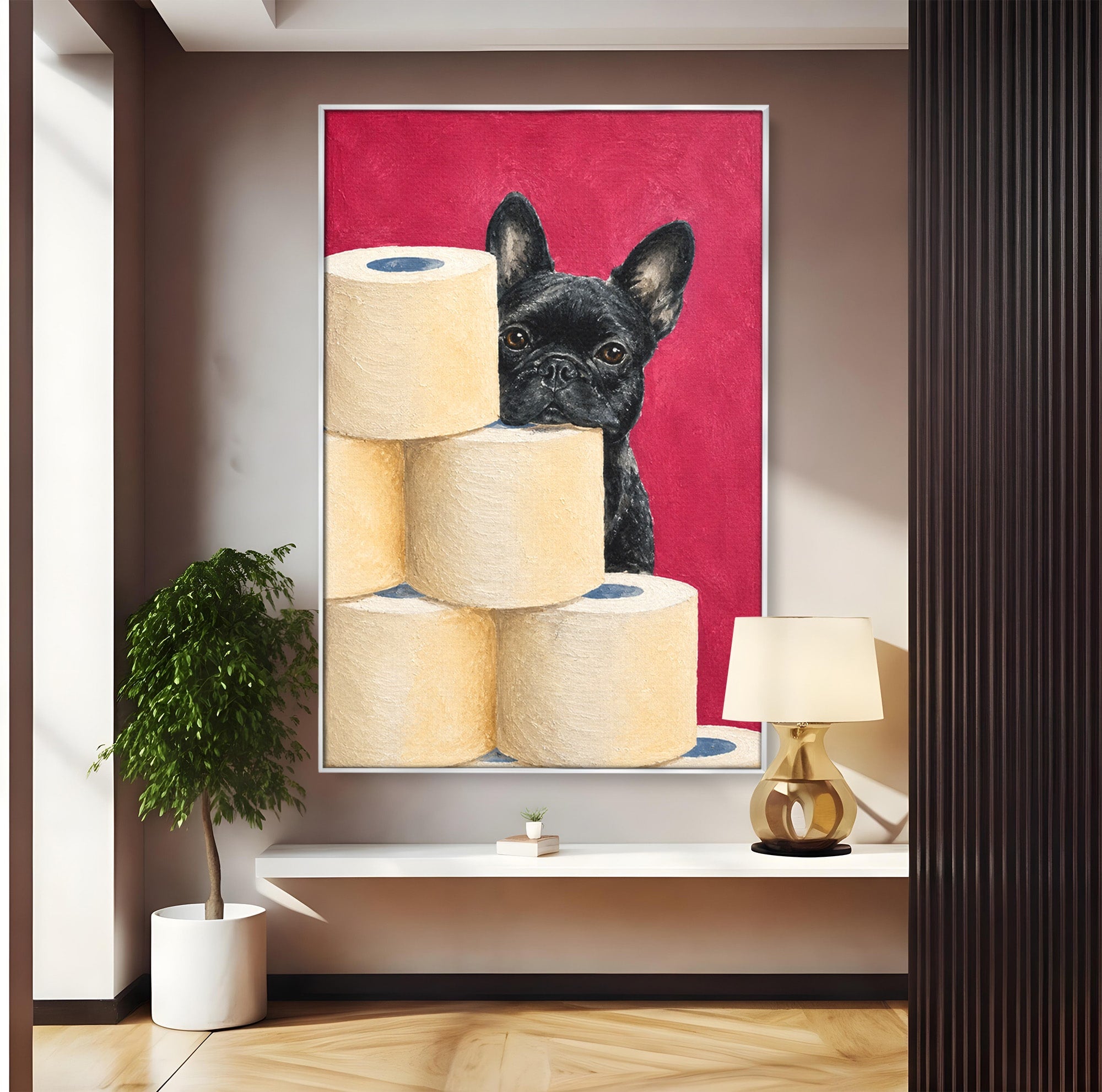 Tablou Canvas Premium LuxCanva® M1585, Bulldog Francez Jucaus, Bulldog, Toaleta, Amuzant, Living, Caine, Arta, Dormitor, Culori Vibrante