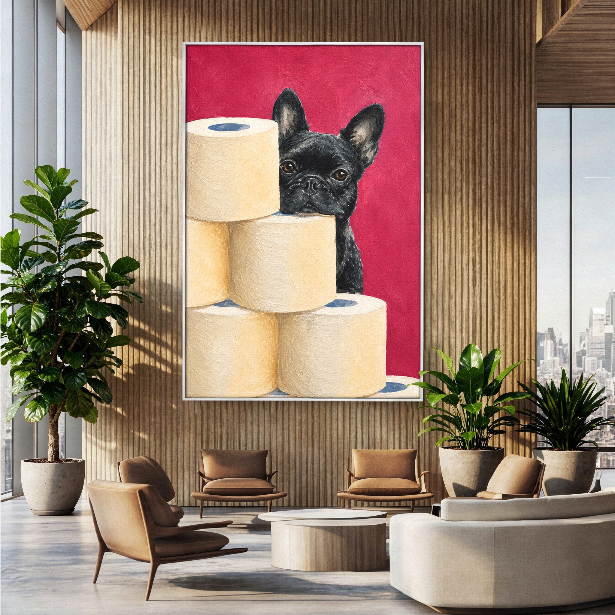 Tablou Canvas Premium LuxCanva® M1585, Bulldog Francez Jucaus, Bulldog, Toaleta, Amuzant, Living, Caine, Arta, Dormitor, Culori Vibrante