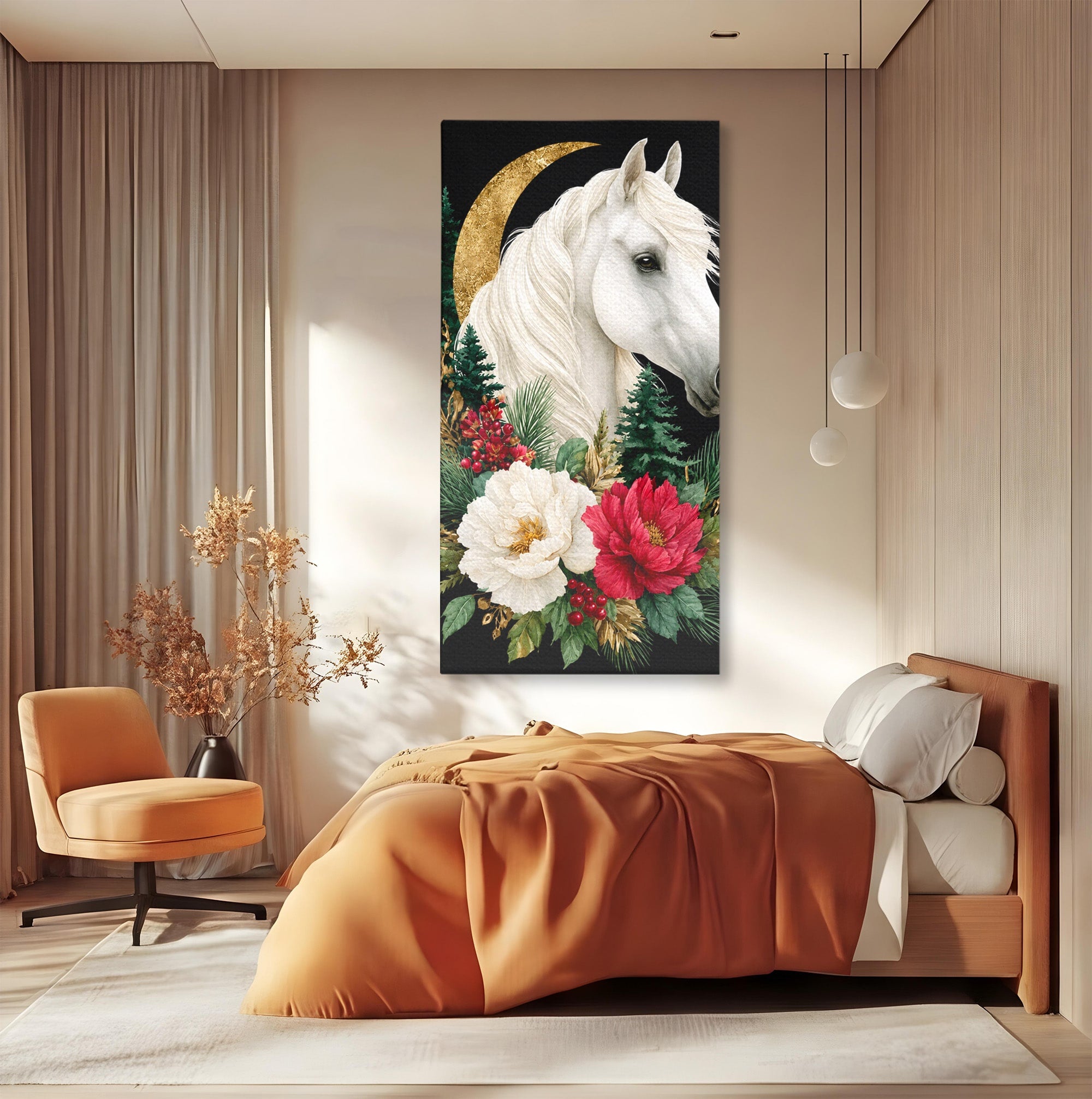 Tablou Canvas Premium LuxCanva® M1587, Cal Alb Cu Flori, Cal, Flori, Natura, Living, Dormitor, Culori Vibrante