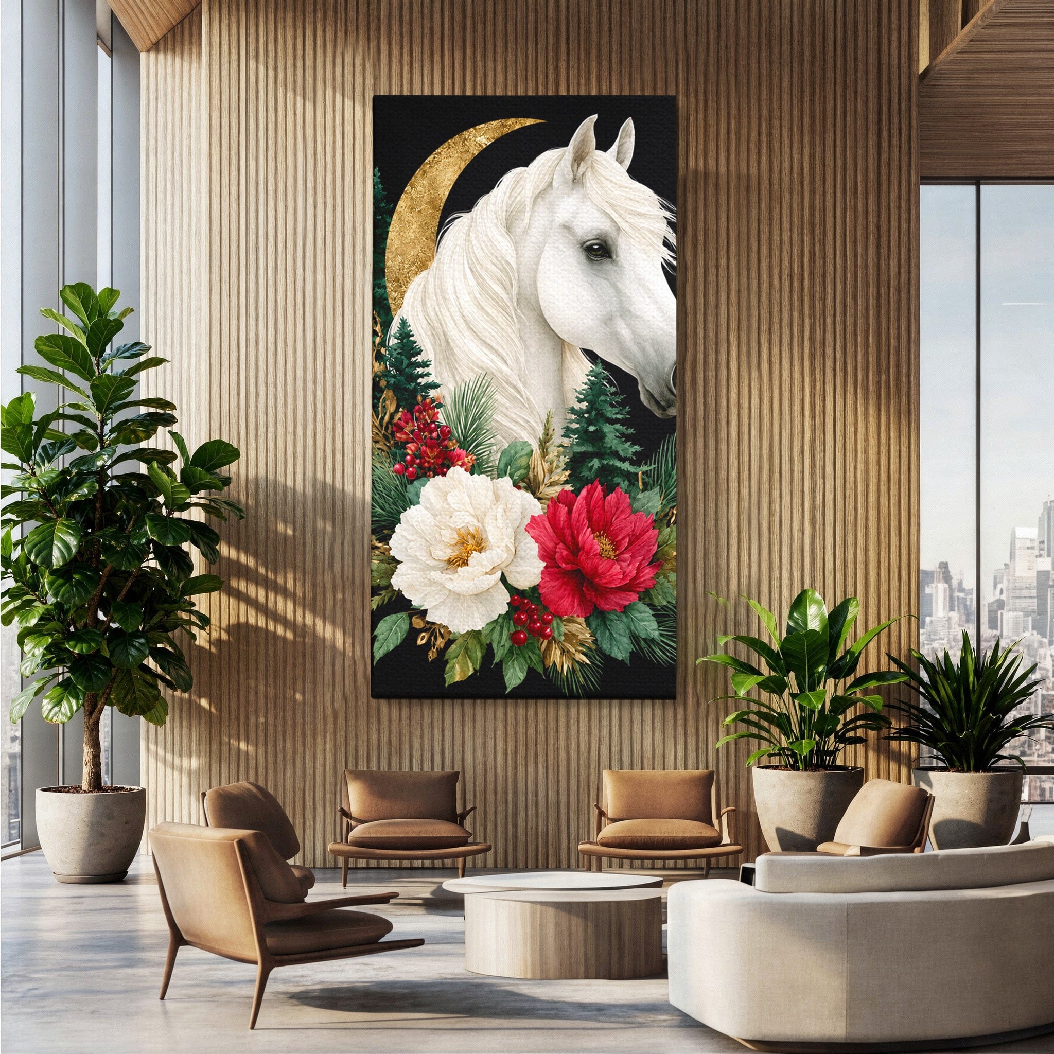Tablou Canvas Premium LuxCanva® M1587, Cal Alb Cu Flori, Cal, Flori, Natura, Living, Dormitor, Culori Vibrante