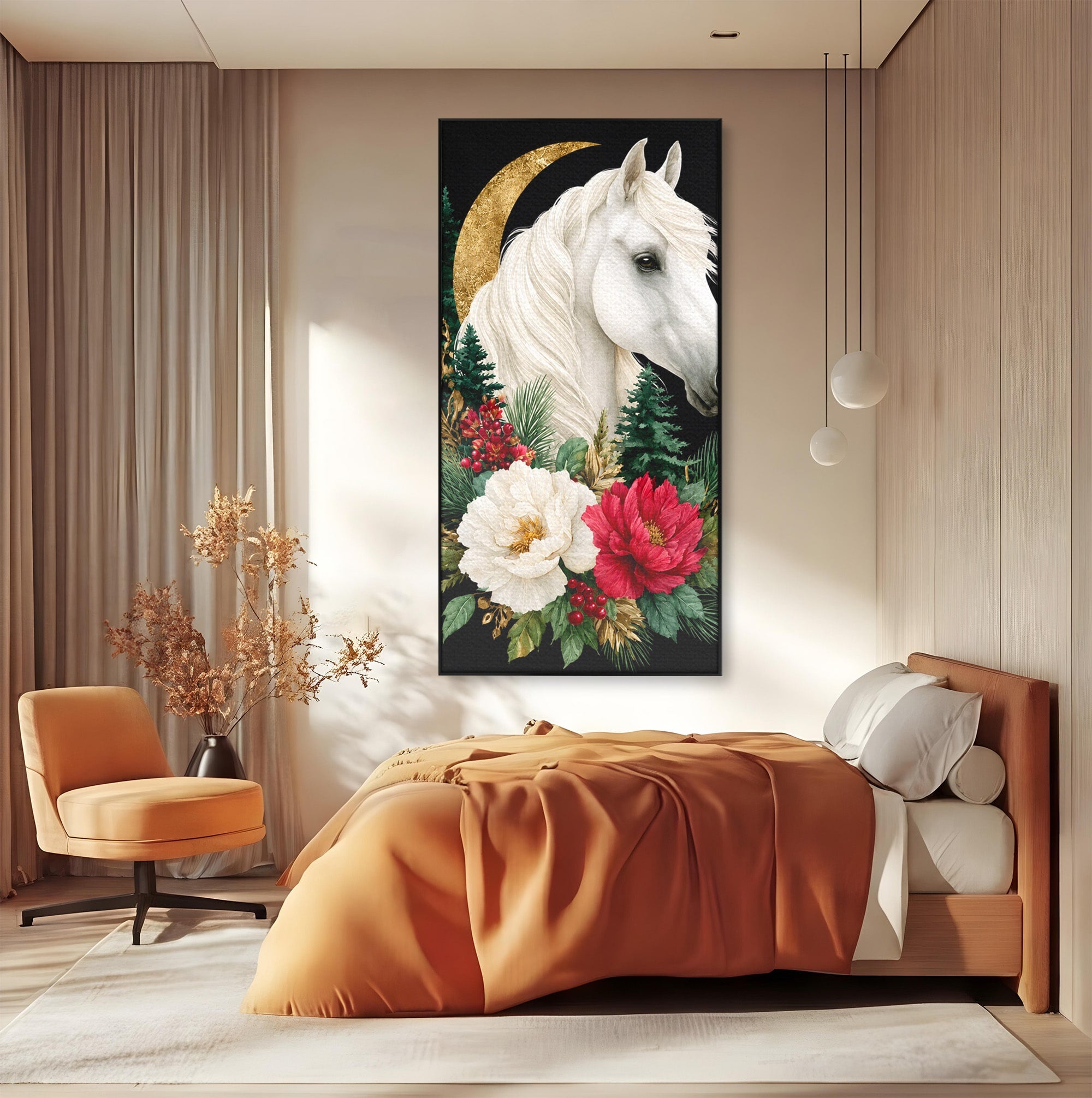 Tablou Canvas Premium LuxCanva® M1587, Cal Alb Cu Flori, Cal, Flori, Natura, Living, Dormitor, Culori Vibrante