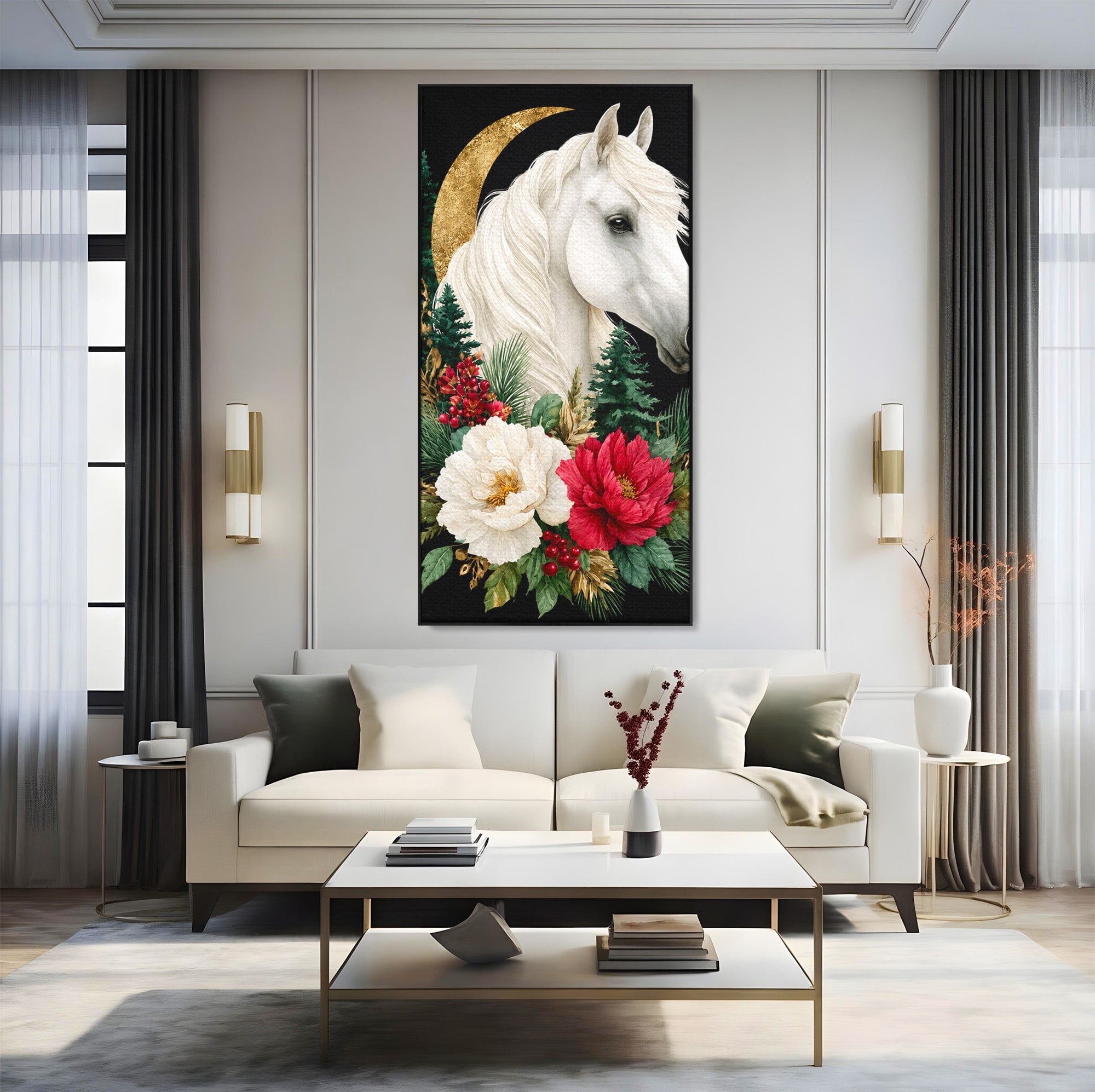 Tablou Canvas Premium LuxCanva® M1587, Cal Alb Cu Flori, Cal, Flori, Natura, Living, Dormitor, Culori Vibrante