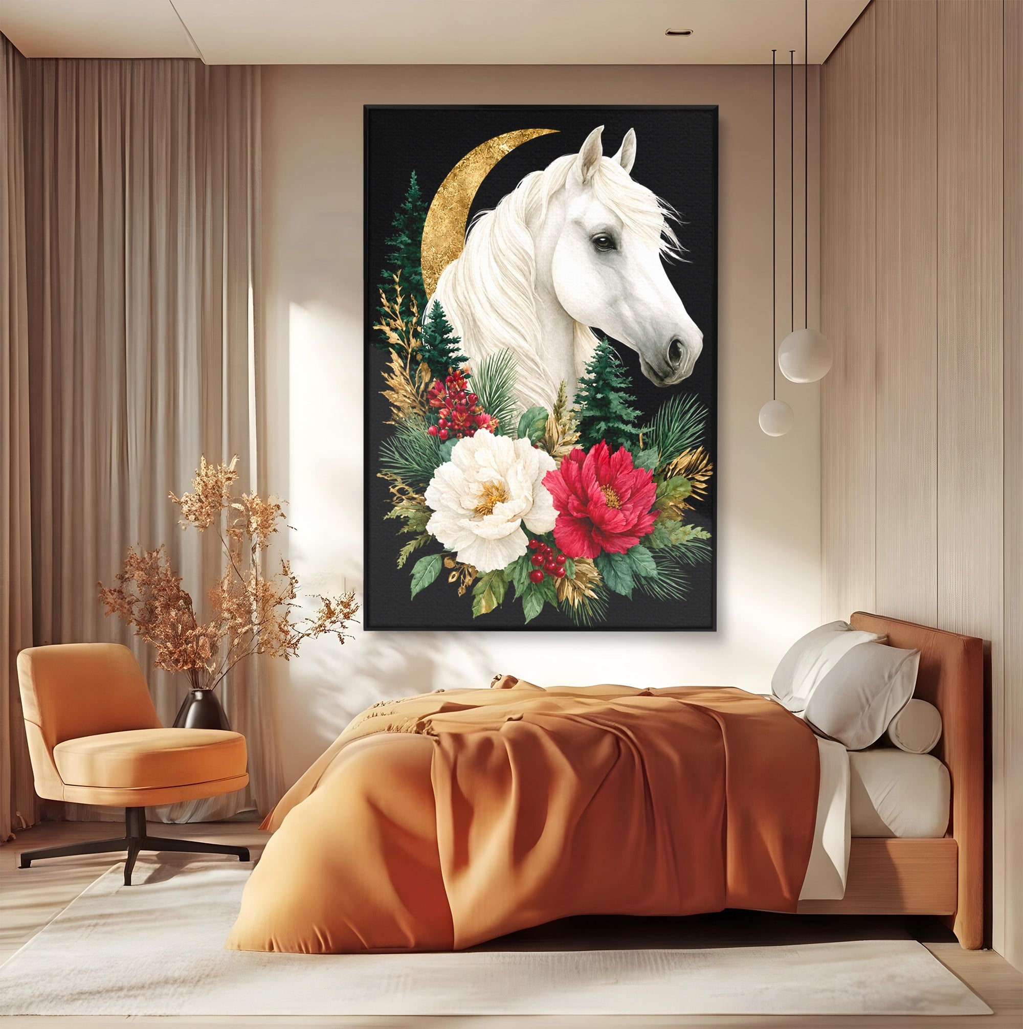 Tablou Canvas Premium LuxCanva® M1587, Cal Alb Cu Flori, Cal, Flori, Natura, Living, Dormitor, Culori Vibrante