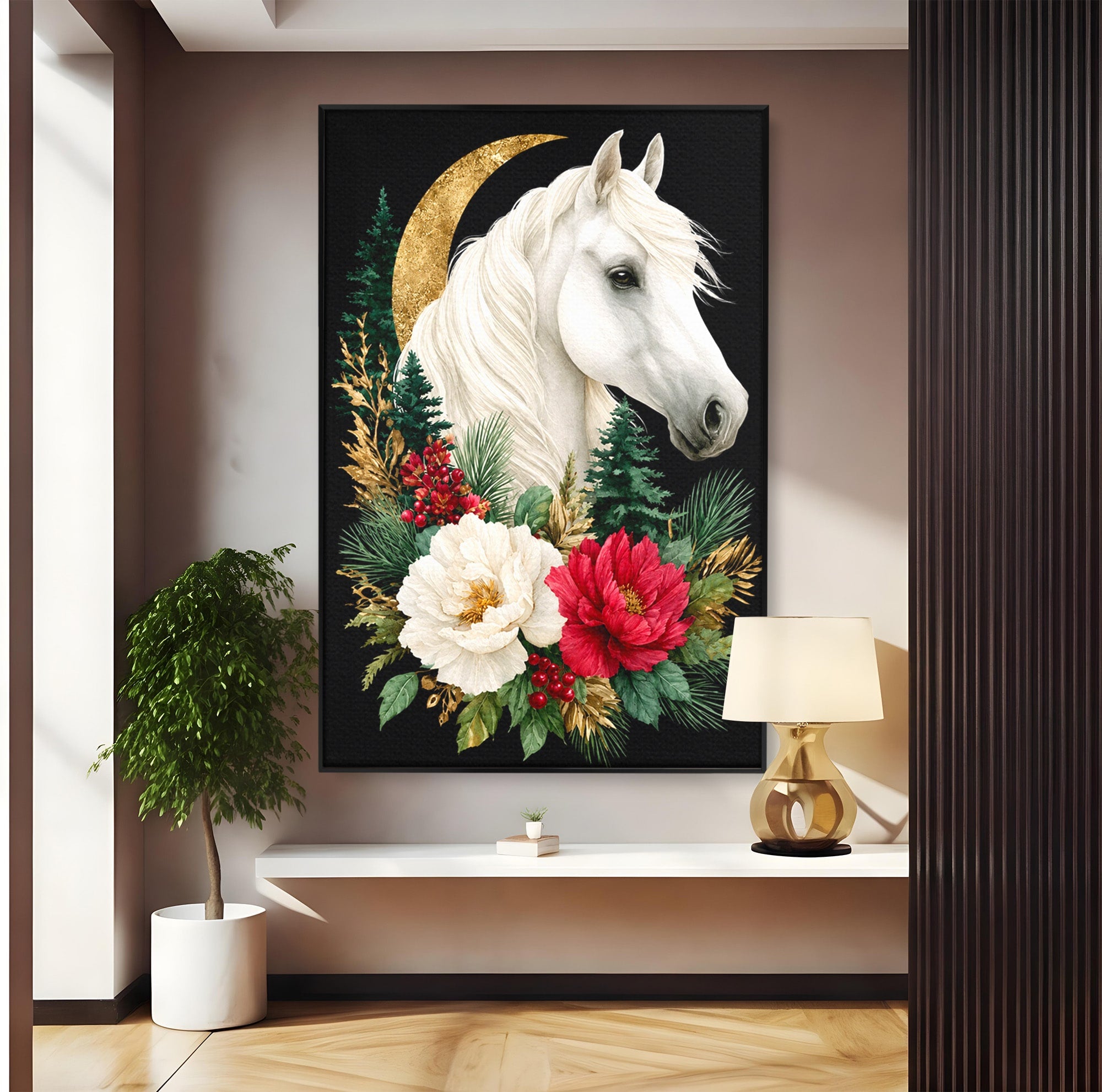 Tablou Canvas Premium LuxCanva® M1587, Cal Alb Cu Flori, Cal, Flori, Natura, Living, Dormitor, Culori Vibrante