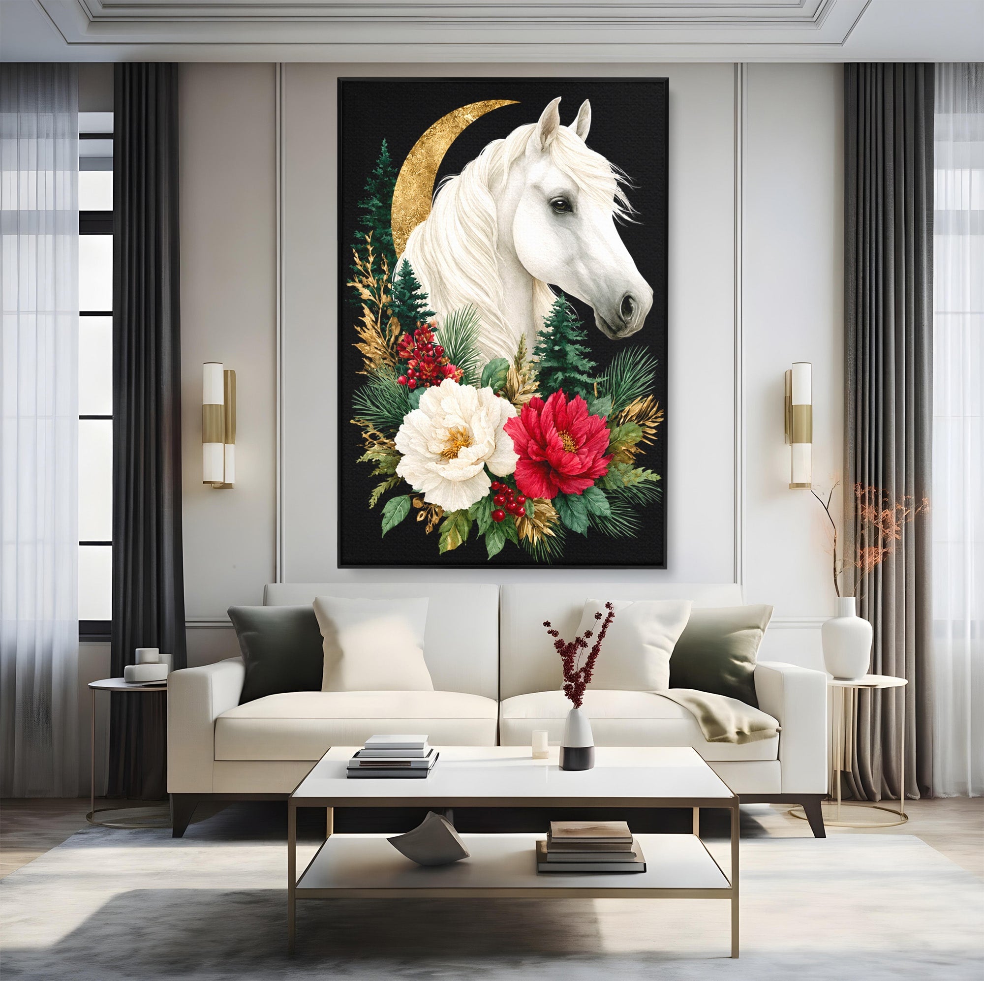 Tablou Canvas Premium LuxCanva® M1587, Cal Alb Cu Flori, Cal, Flori, Natura, Living, Dormitor, Culori Vibrante