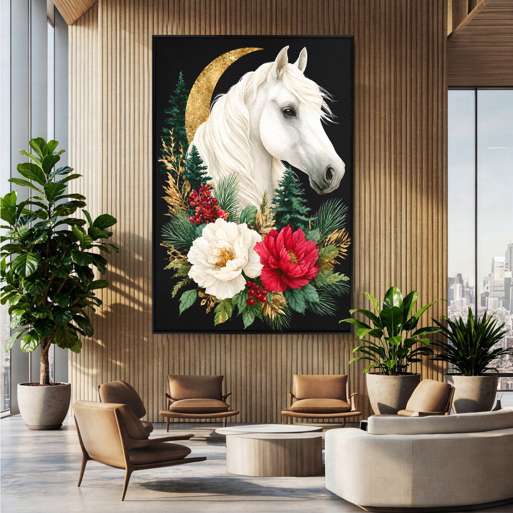 Tablou Canvas Premium LuxCanva® M1587, Cal Alb Cu Flori, Cal, Flori, Natura, Living, Dormitor, Culori Vibrante