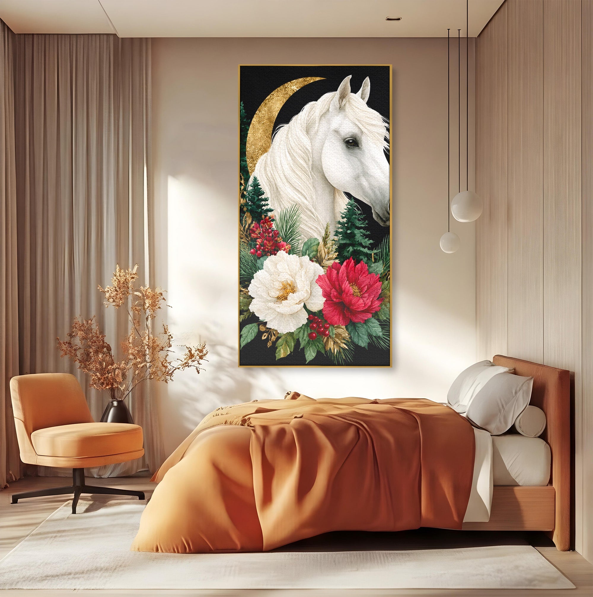 Tablou Canvas Premium LuxCanva® M1587, Cal Alb Cu Flori, Cal, Flori, Natura, Living, Dormitor, Culori Vibrante