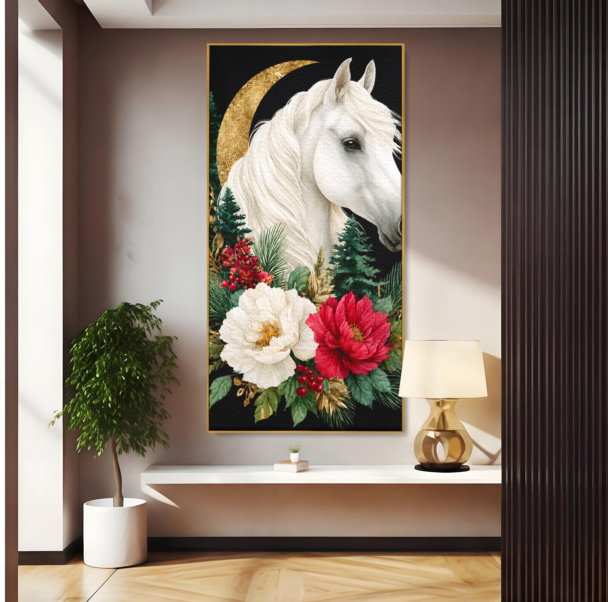 Tablou Canvas Premium LuxCanva® M1587, Cal Alb Cu Flori, Cal, Flori, Natura, Living, Dormitor, Culori Vibrante