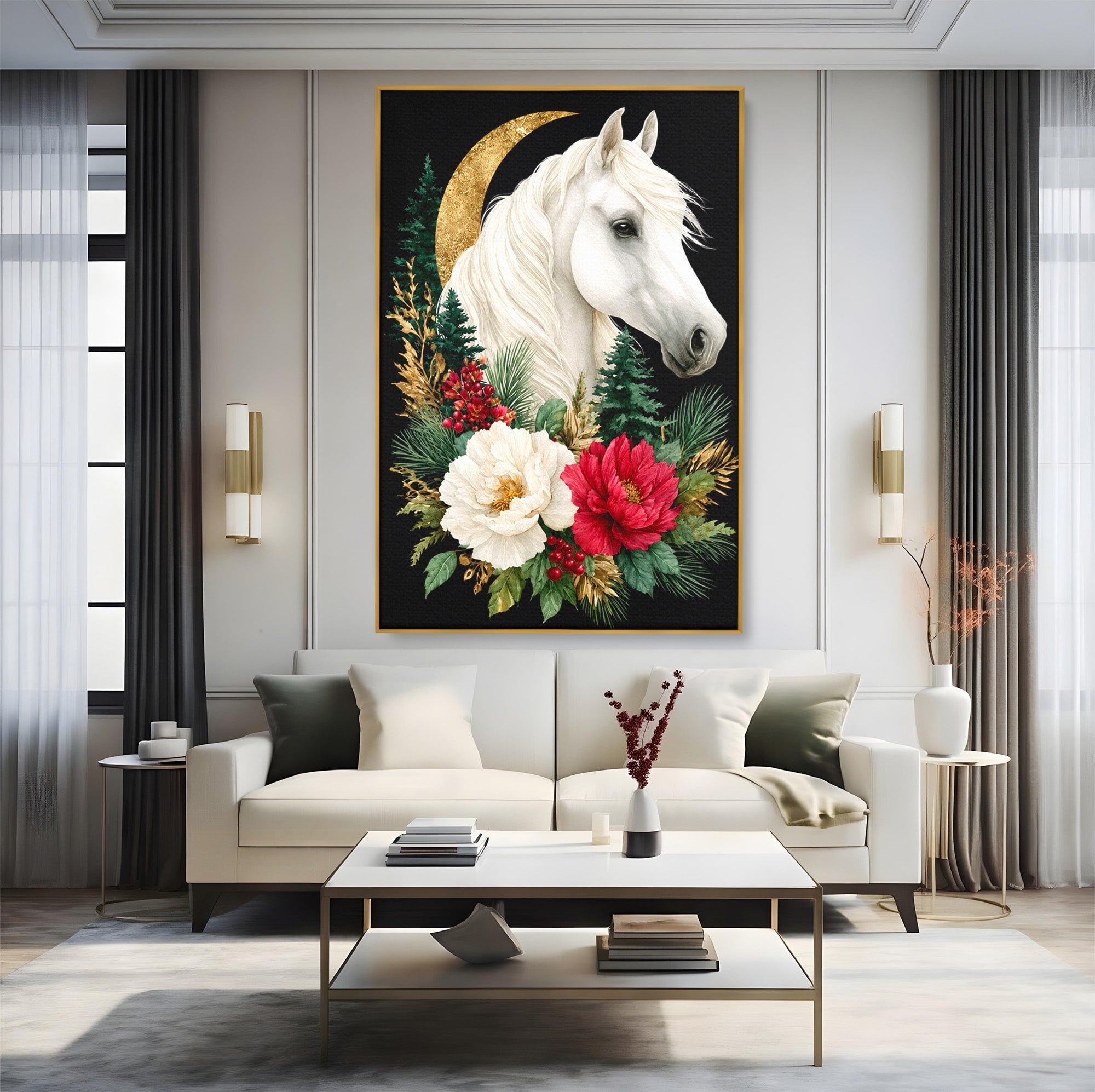 Tablou Canvas Premium LuxCanva® M1587, Cal Alb Cu Flori, Cal, Flori, Natura, Living, Dormitor, Culori Vibrante