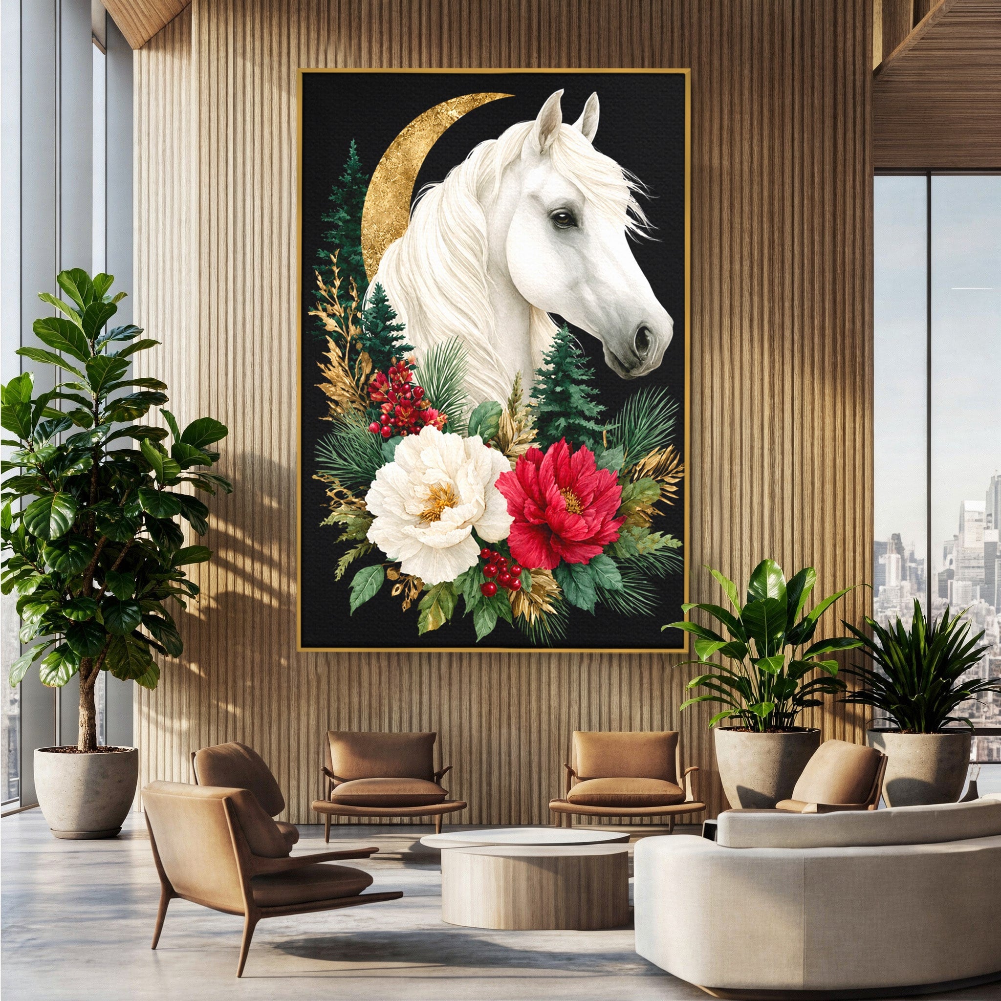Tablou Canvas Premium LuxCanva® M1587, Cal Alb Cu Flori, Cal, Flori, Natura, Living, Dormitor, Culori Vibrante