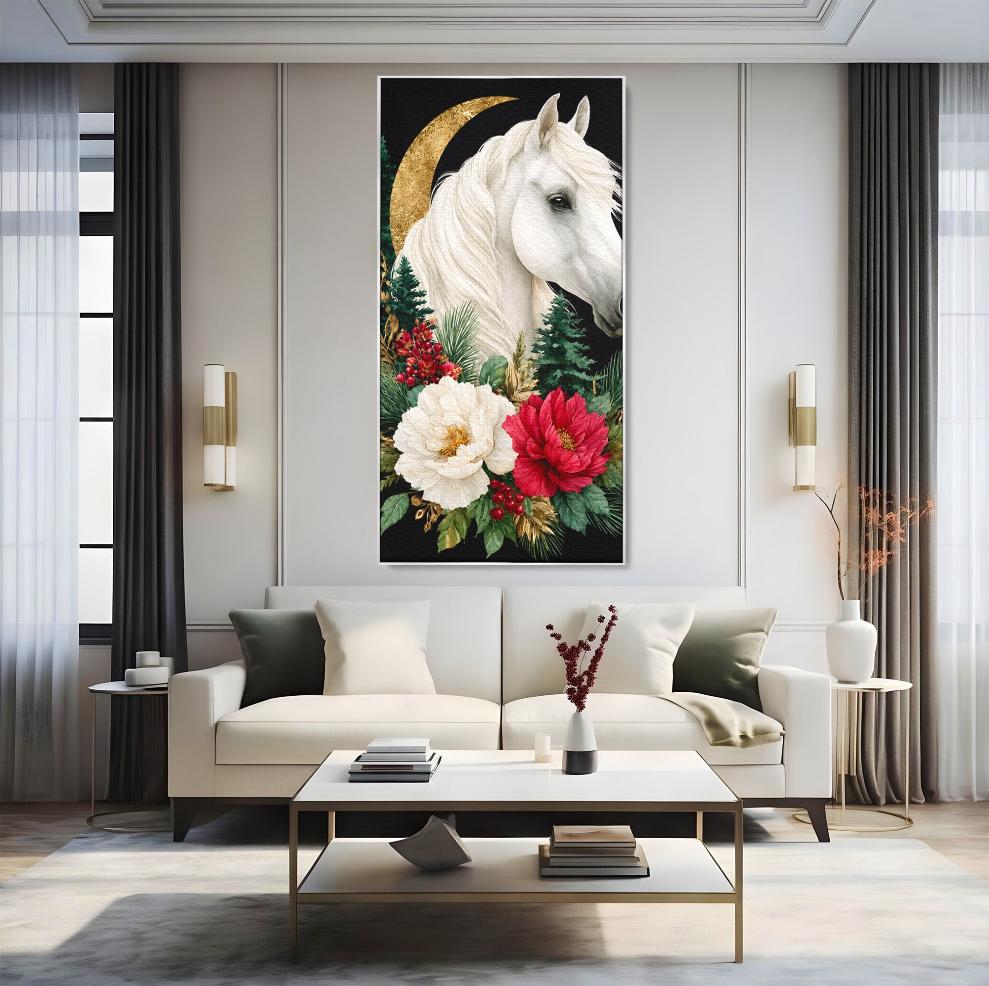 Tablou Canvas Premium LuxCanva® M1587, Cal Alb Cu Flori, Cal, Flori, Natura, Living, Dormitor, Culori Vibrante