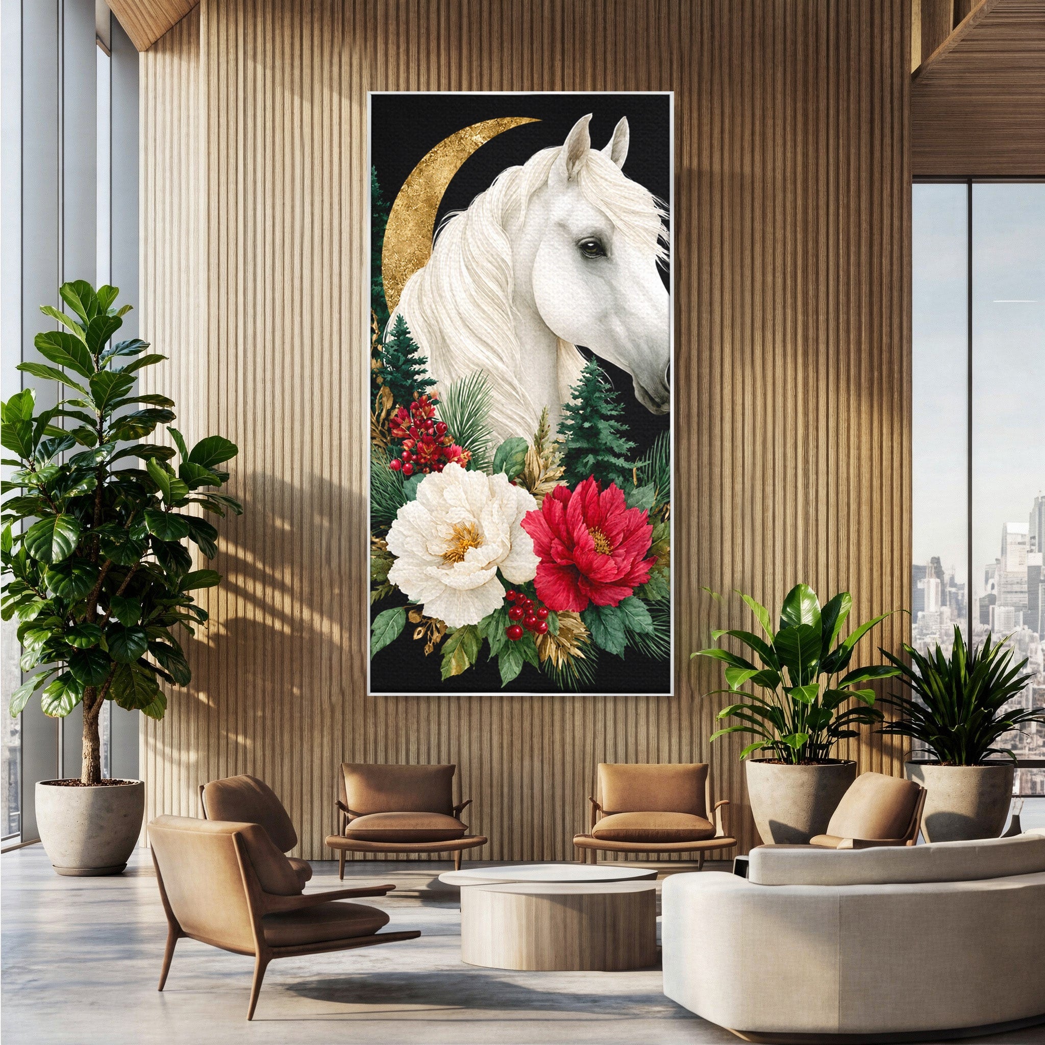 Tablou Canvas Premium LuxCanva® M1587, Cal Alb Cu Flori, Cal, Flori, Natura, Living, Dormitor, Culori Vibrante