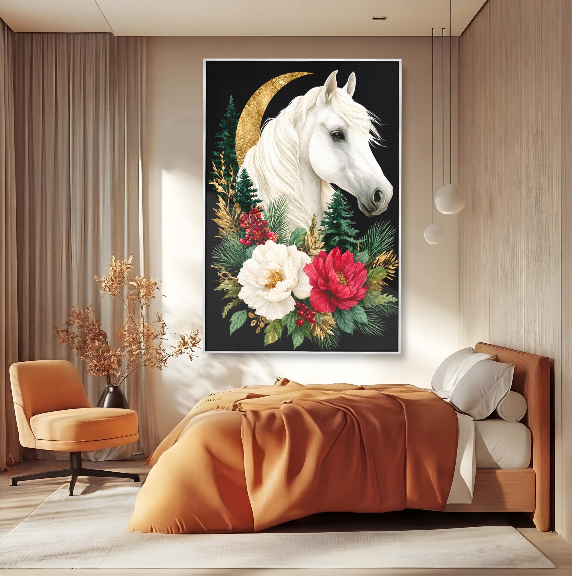 Tablou Canvas Premium LuxCanva® M1587, Cal Alb Cu Flori, Cal, Flori, Natura, Living, Dormitor, Culori Vibrante
