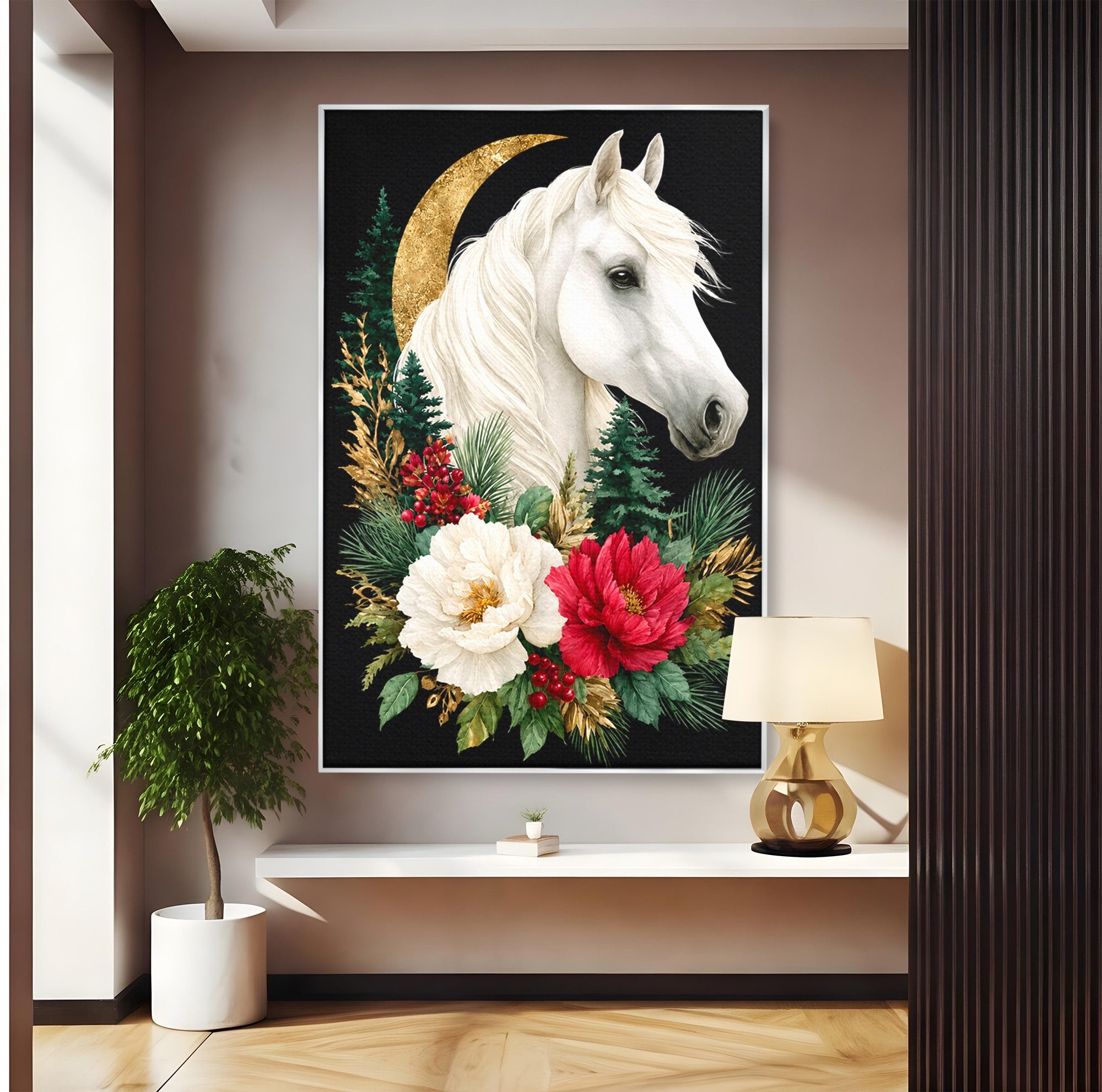 Tablou Canvas Premium LuxCanva® M1587, Cal Alb Cu Flori, Cal, Flori, Natura, Living, Dormitor, Culori Vibrante