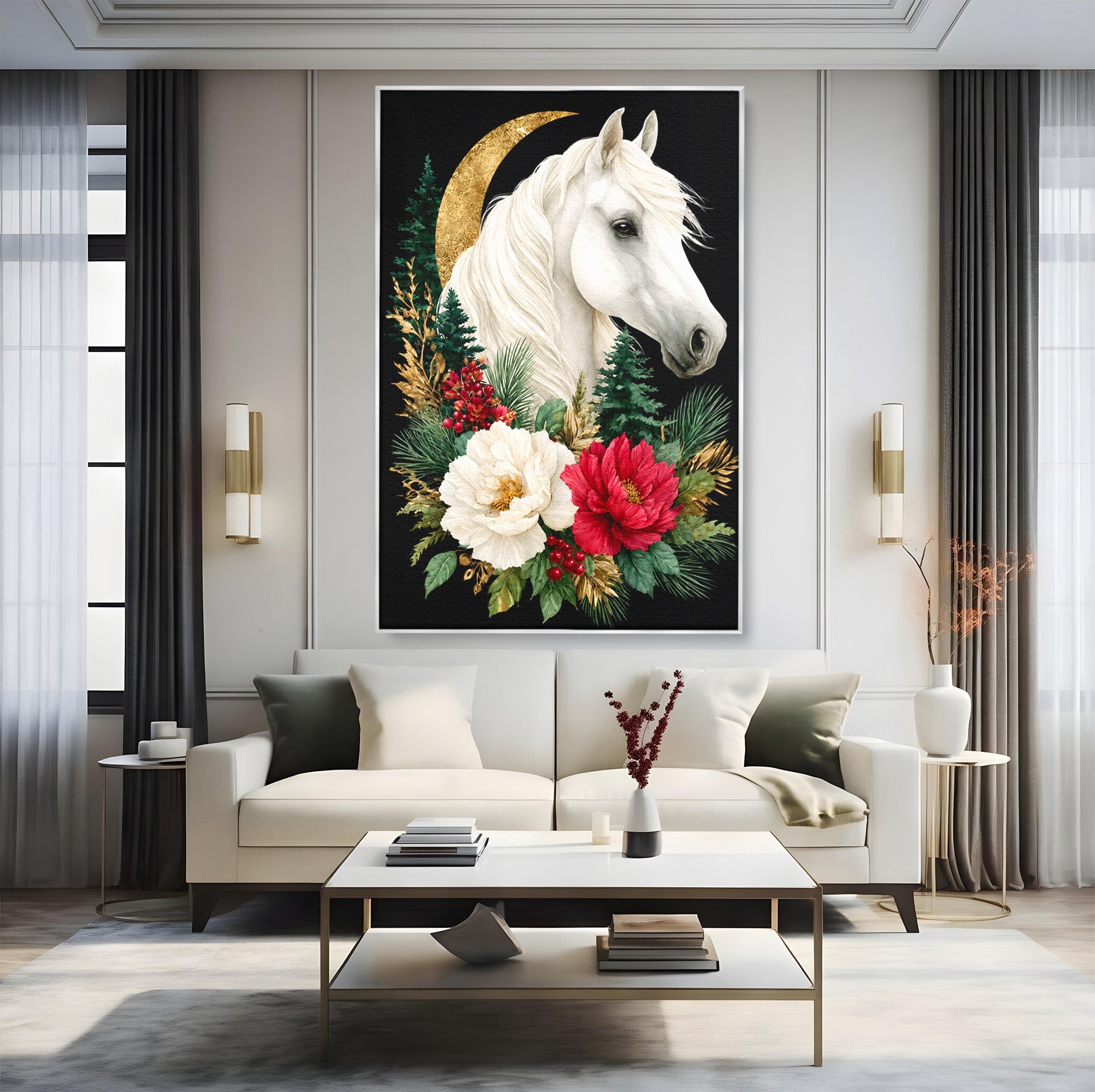 Tablou Canvas Premium LuxCanva® M1587, Cal Alb Cu Flori, Cal, Flori, Natura, Living, Dormitor, Culori Vibrante