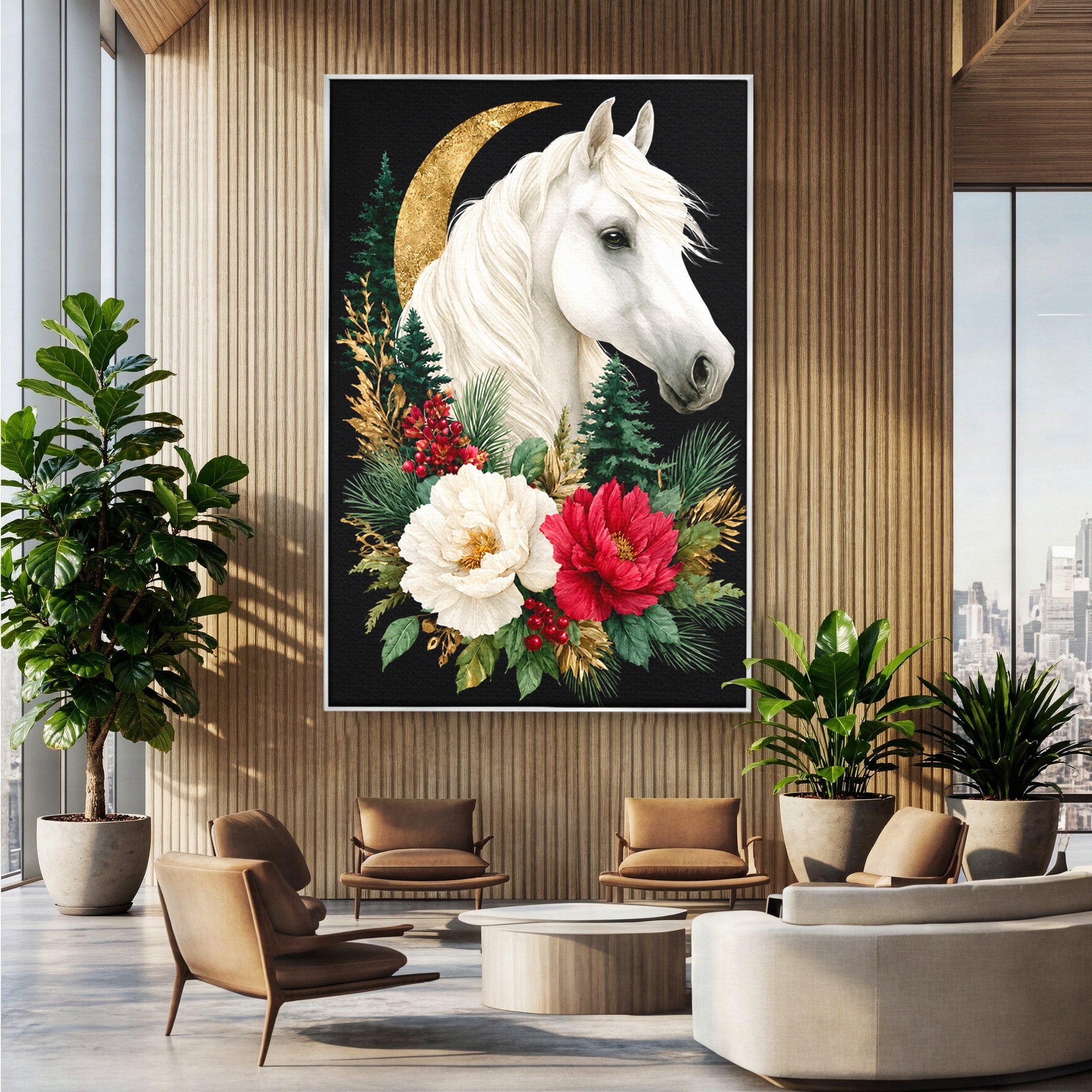 Tablou Canvas Premium LuxCanva® M1587, Cal Alb Cu Flori, Cal, Flori, Natura, Living, Dormitor, Culori Vibrante
