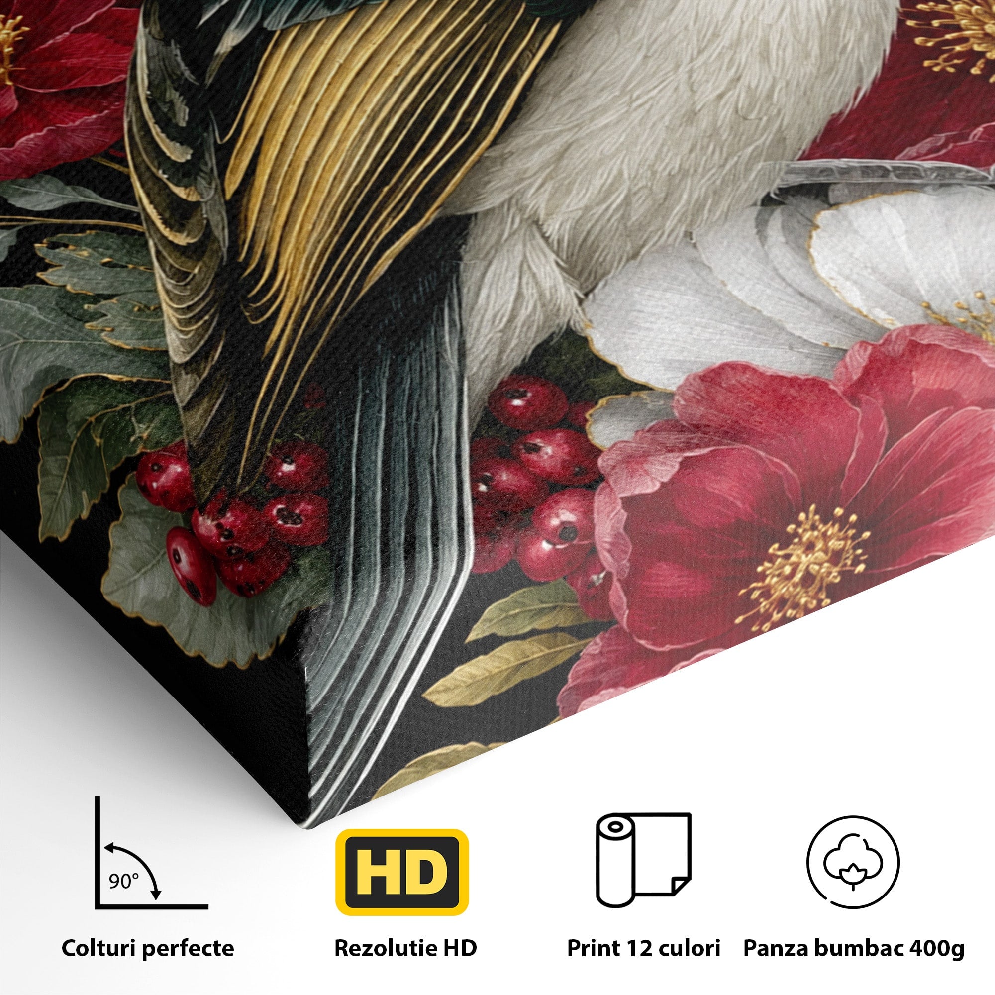 Tablou Canvas Premium LuxCanva® M1588, Pasare Si Flori Rosii, Pasare, Flori, Natura, Living, Dormitor, Culori Vibrante