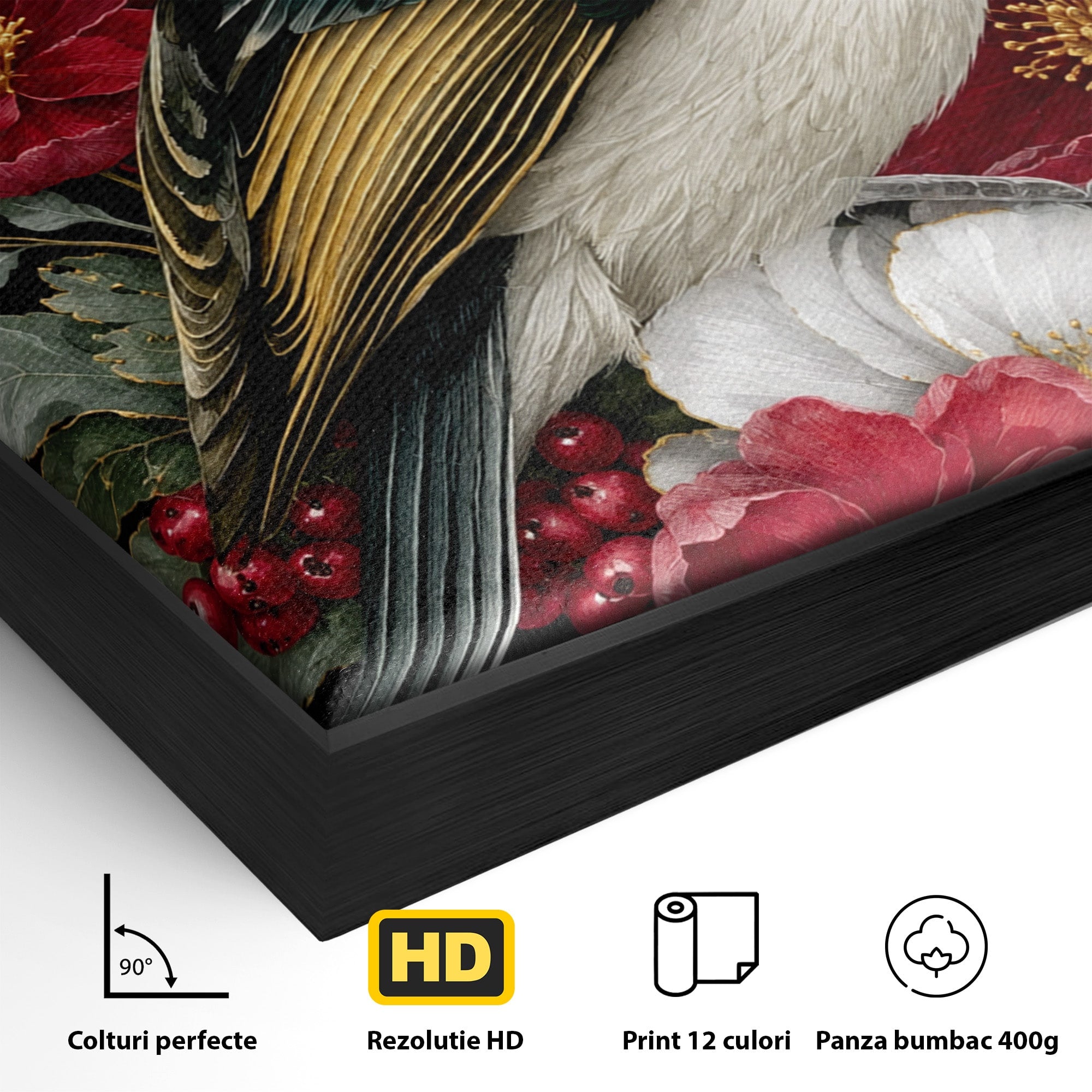 Tablou Canvas Premium LuxCanva® M1588, Pasare Si Flori Rosii, Pasare, Flori, Natura, Living, Dormitor, Culori Vibrante