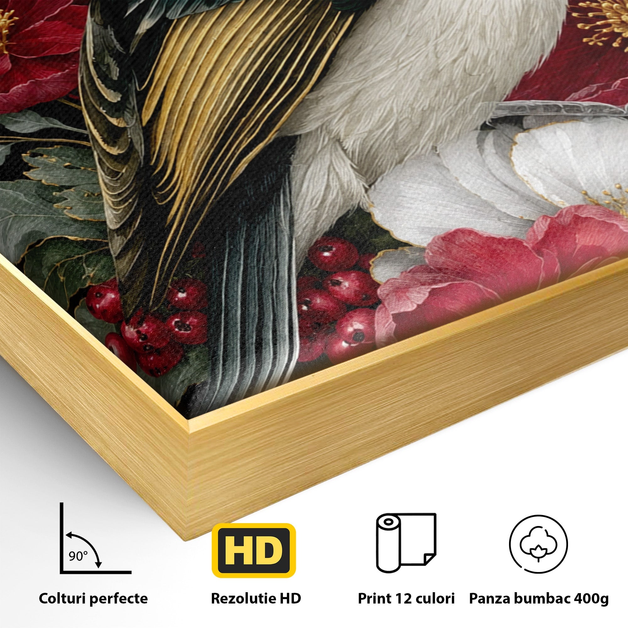 Tablou Canvas Premium LuxCanva® M1588, Pasare Si Flori Rosii, Pasare, Flori, Natura, Living, Dormitor, Culori Vibrante