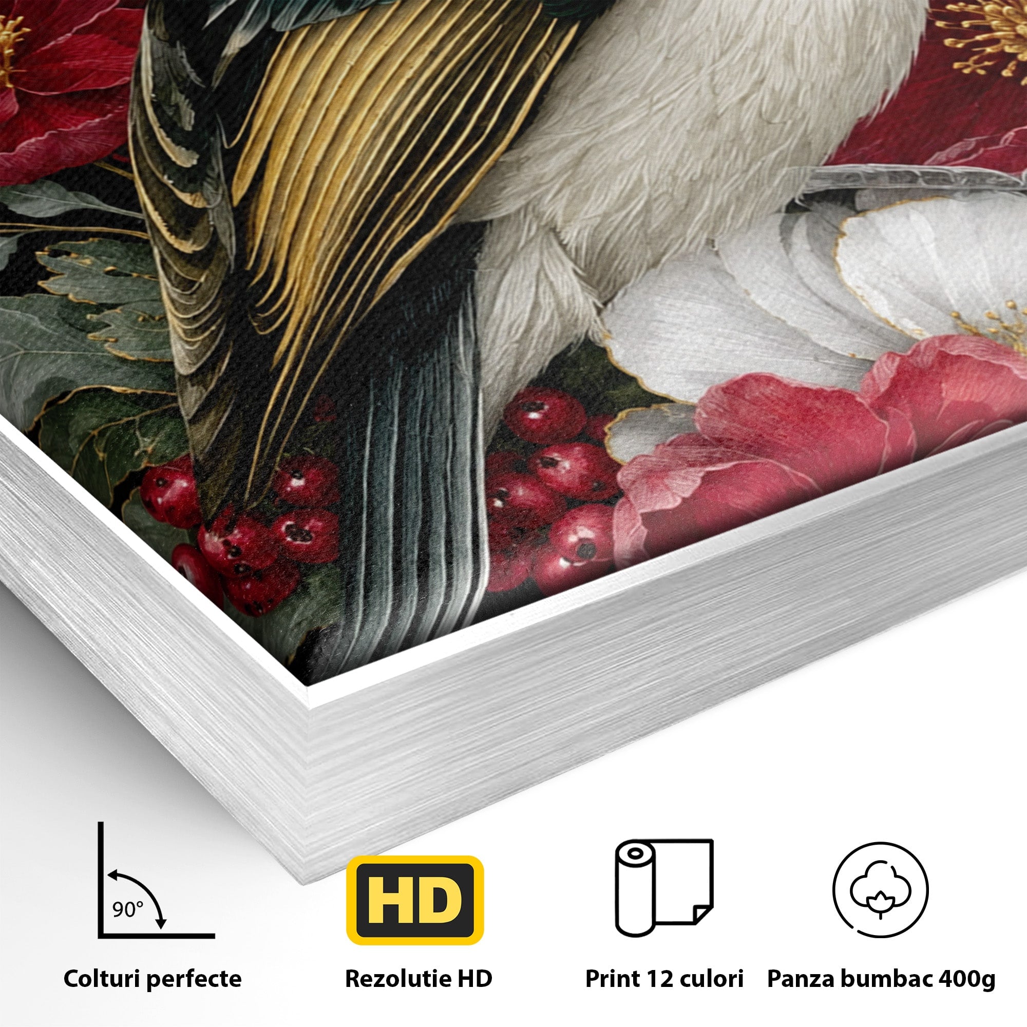Tablou Canvas Premium LuxCanva® M1588, Pasare Si Flori Rosii, Pasare, Flori, Natura, Living, Dormitor, Culori Vibrante