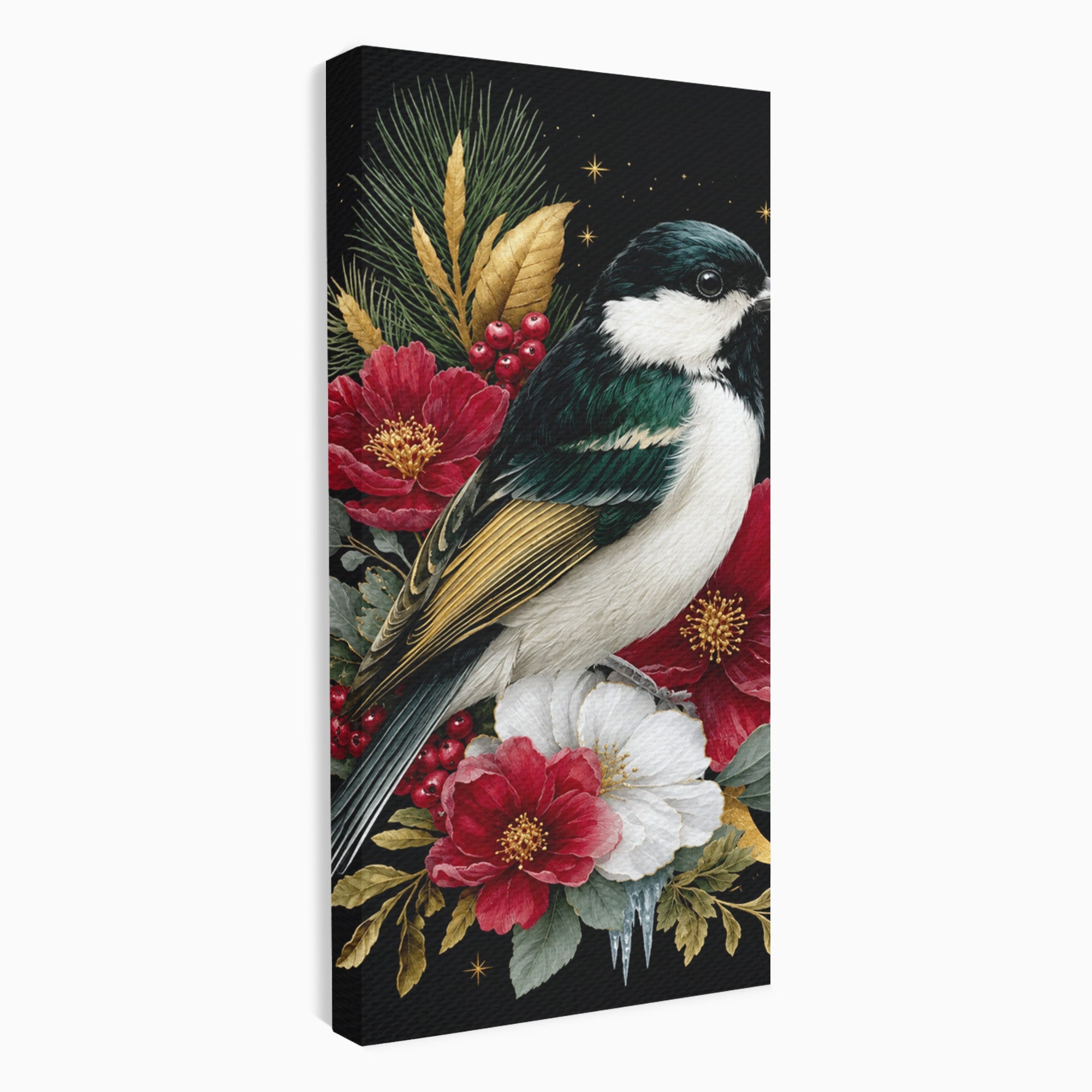 Tablou Canvas Premium LuxCanva® M1588, Pasare Si Flori Rosii, Pasare, Flori, Natura, Living, Dormitor, Culori Vibrante