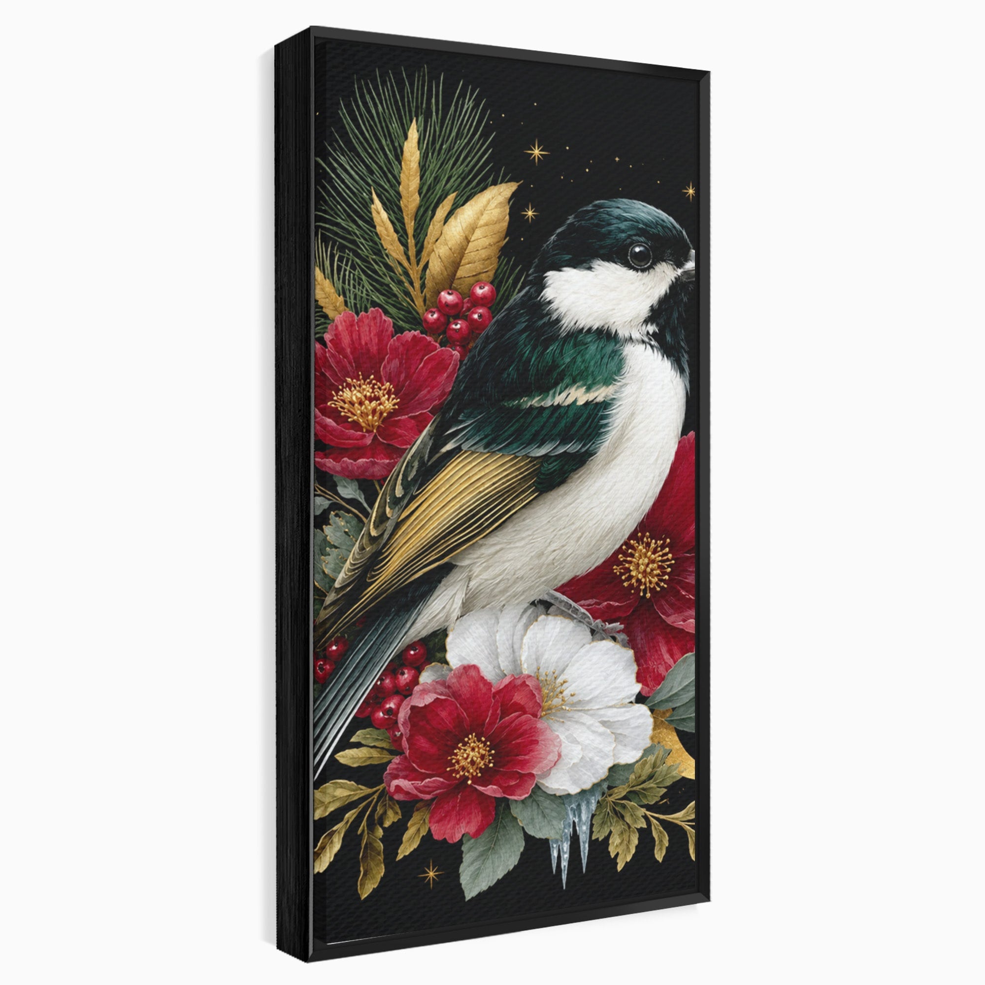 Tablou Canvas Premium LuxCanva® M1588, Pasare Si Flori Rosii, Pasare, Flori, Natura, Living, Dormitor, Culori Vibrante