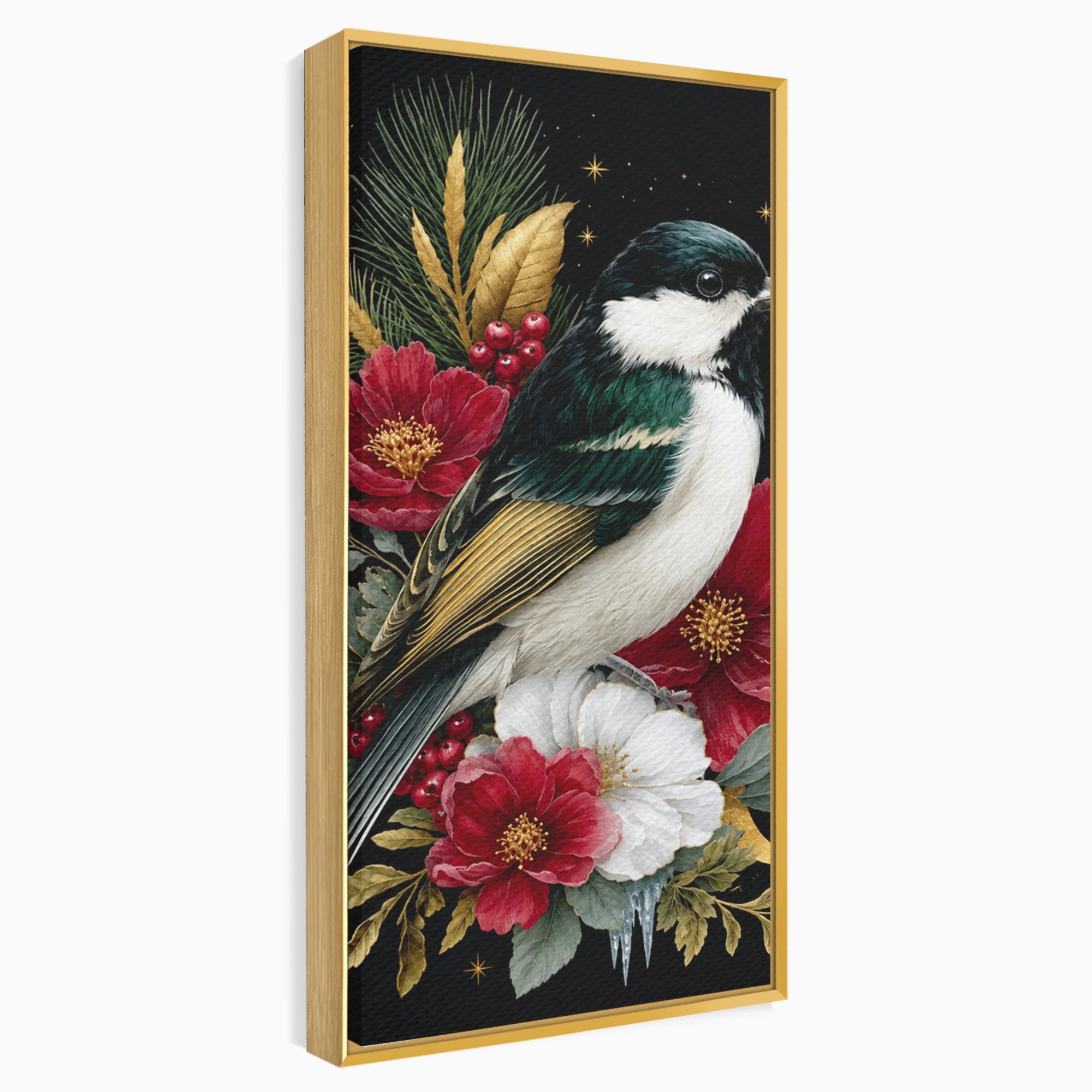 Tablou Canvas Premium LuxCanva® M1588, Pasare Si Flori Rosii, Pasare, Flori, Natura, Living, Dormitor, Culori Vibrante