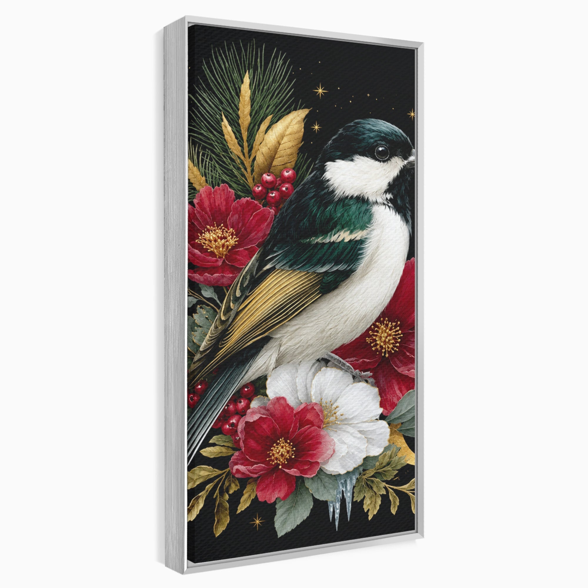 Tablou Canvas Premium LuxCanva® M1588, Pasare Si Flori Rosii, Pasare, Flori, Natura, Living, Dormitor, Culori Vibrante