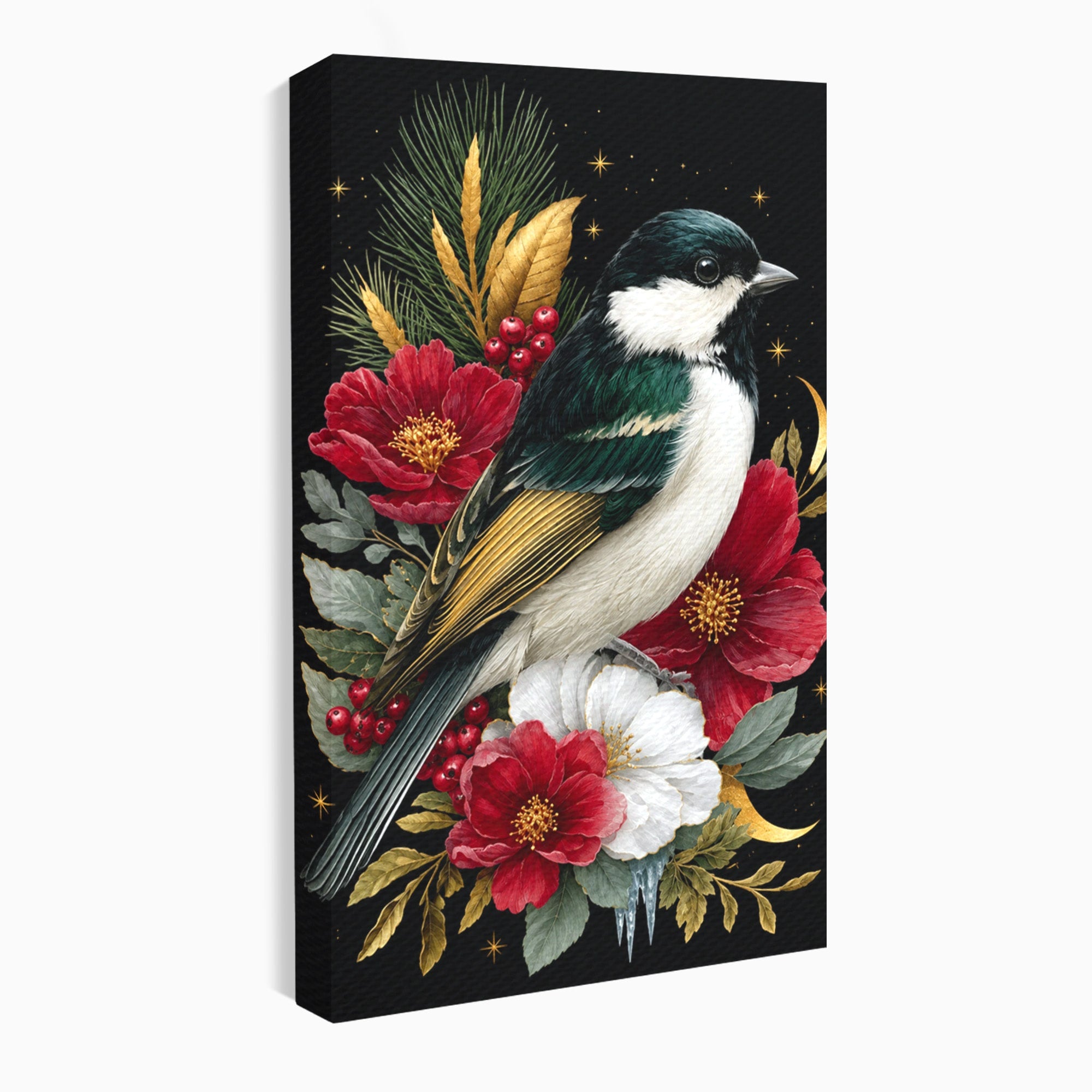 Tablou Canvas Premium LuxCanva® M1588, Pasare Si Flori Rosii, Pasare, Flori, Natura, Living, Dormitor, Culori Vibrante
