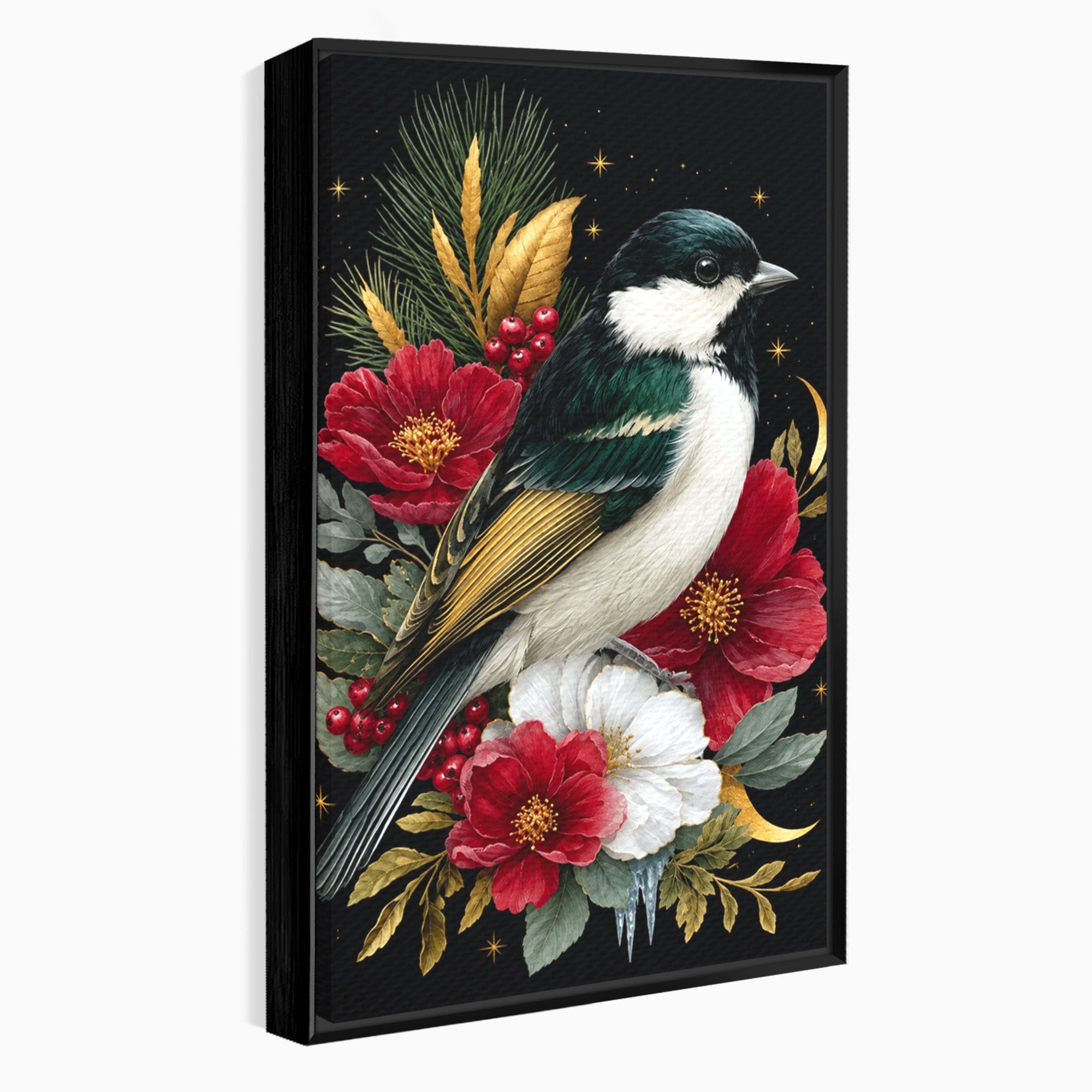 Tablou Canvas Premium LuxCanva® M1588, Pasare Si Flori Rosii, Pasare, Flori, Natura, Living, Dormitor, Culori Vibrante
