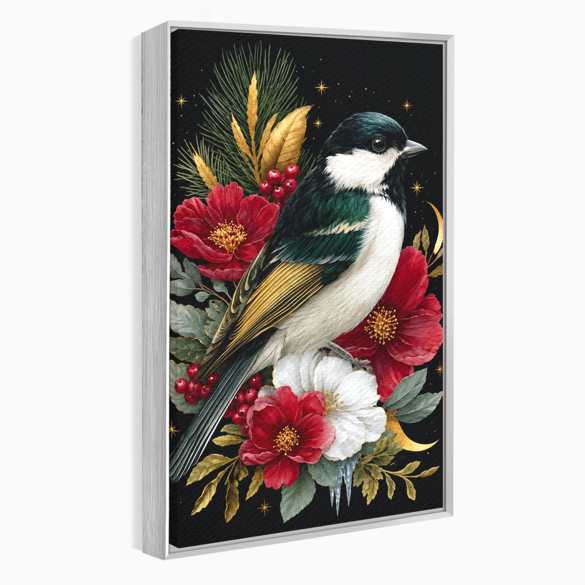 Tablou Canvas Premium LuxCanva® M1588, Pasare Si Flori Rosii, Pasare, Flori, Natura, Living, Dormitor, Culori Vibrante