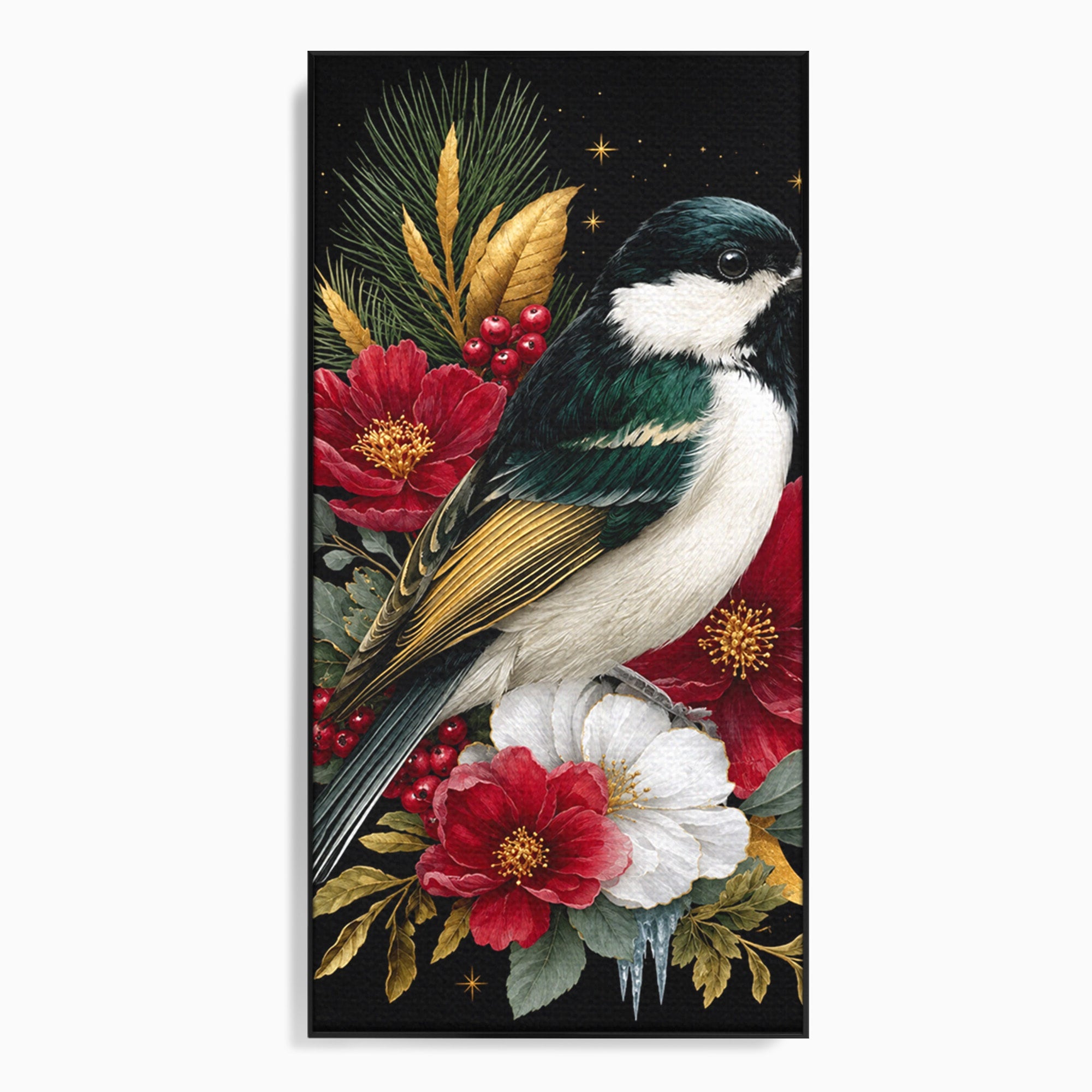 Tablou Canvas Premium LuxCanva® M1588, Pasare Si Flori Rosii, Pasare, Flori, Natura, Living, Dormitor, Culori Vibrante